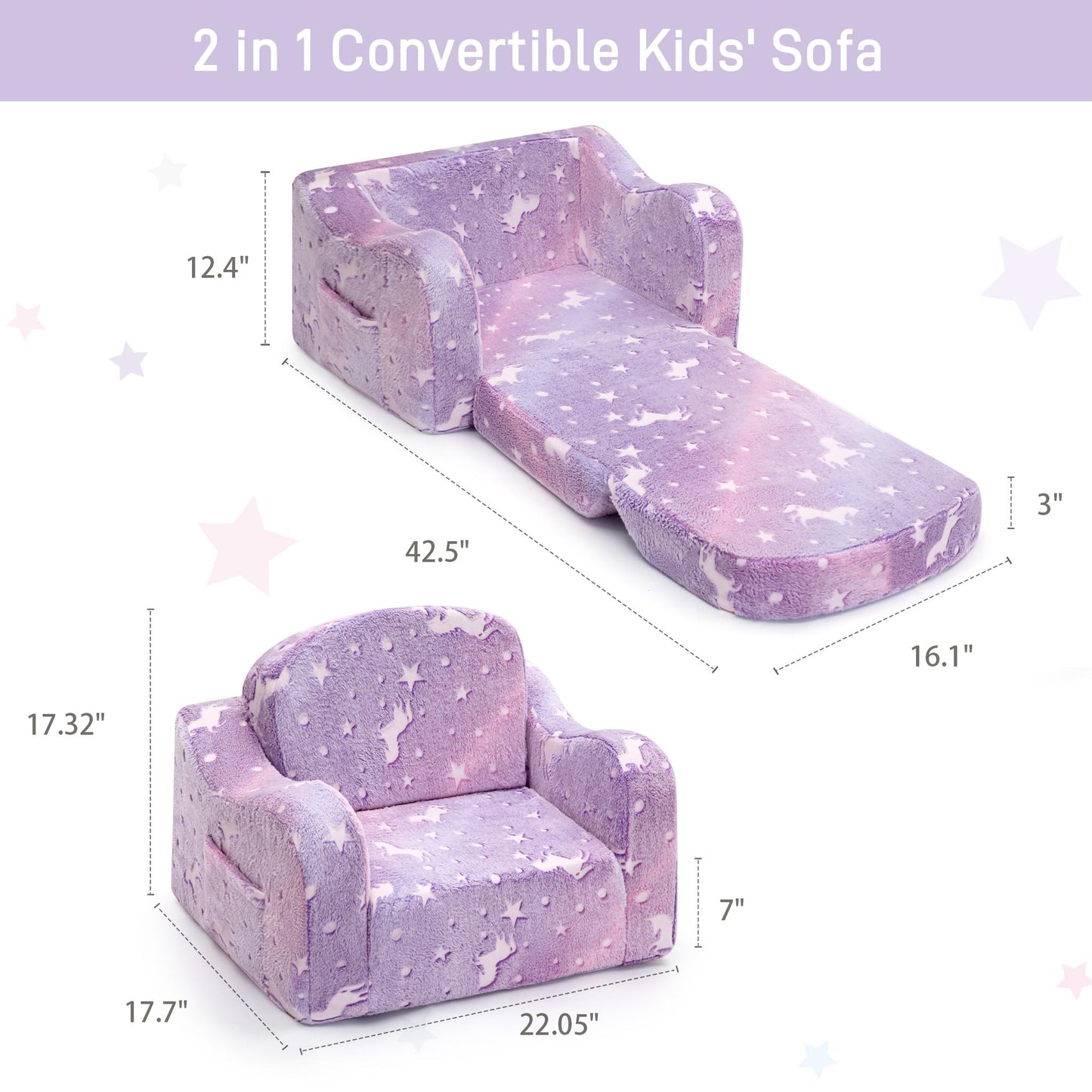 aodisman Thick Comfy Kids Chair and Couch, 2-in-1 Soft Foldable Plush Kids Sofa, Foam Seating for Reading and Play, Removable Washable Cover,Purple Pony