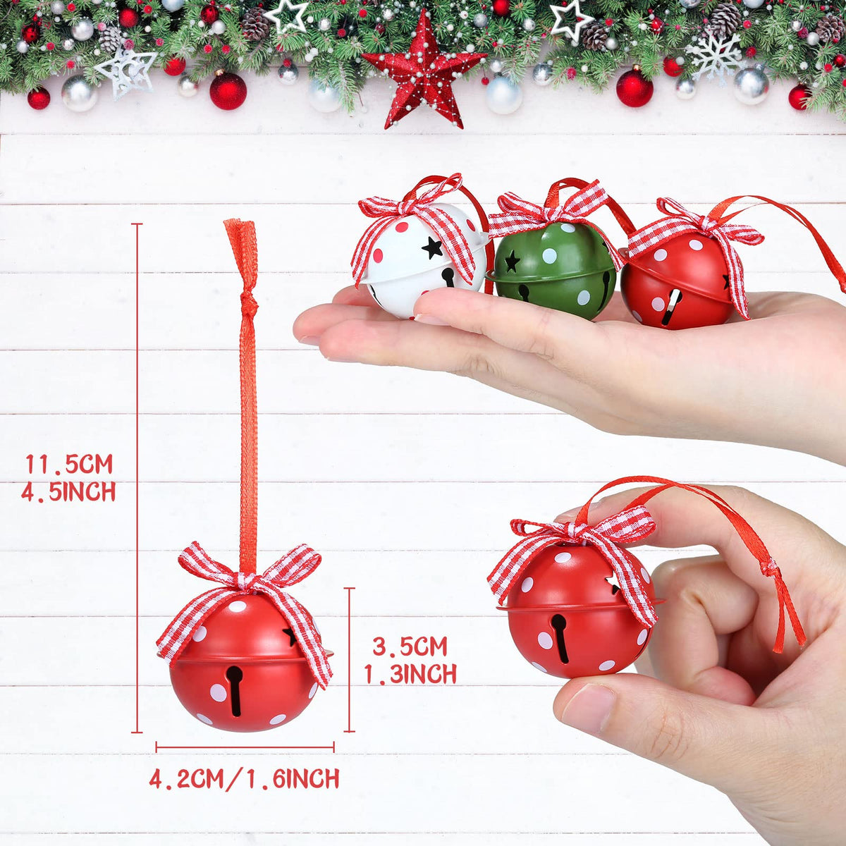 Naler 24 Pieces Christmas Jingle Bells with Ribbon Metal Cutout Craft Bells Hanging Ornaments for Christmas Tree Xmas Decoration, Red Green White, 1.57”