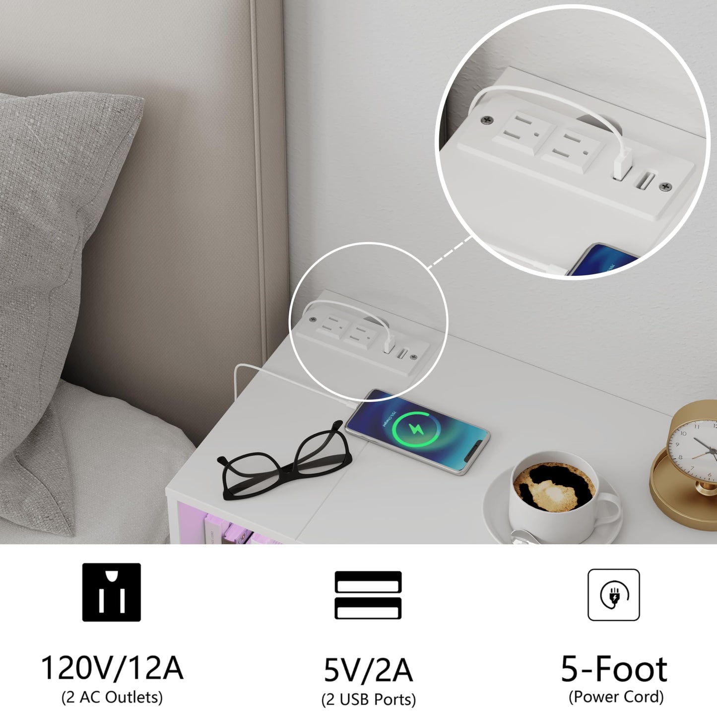 Veegle White Floating Nightstand with Charging Station and LED Lights,White