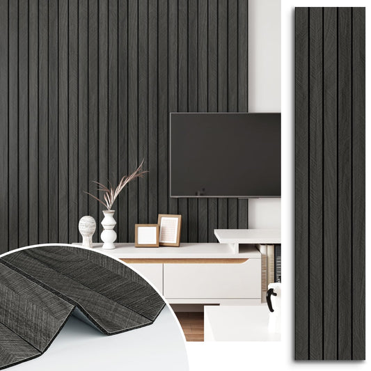STICKEEP Self Adhesive Wood Slat Wall Paneling Grey/Black 3D Wood Panels for Wall Decor Soundproof Peel and Stick Wooden Grain Panel Wallpaper for Living Room Bedroom Dinner Office 11.8" x 118"