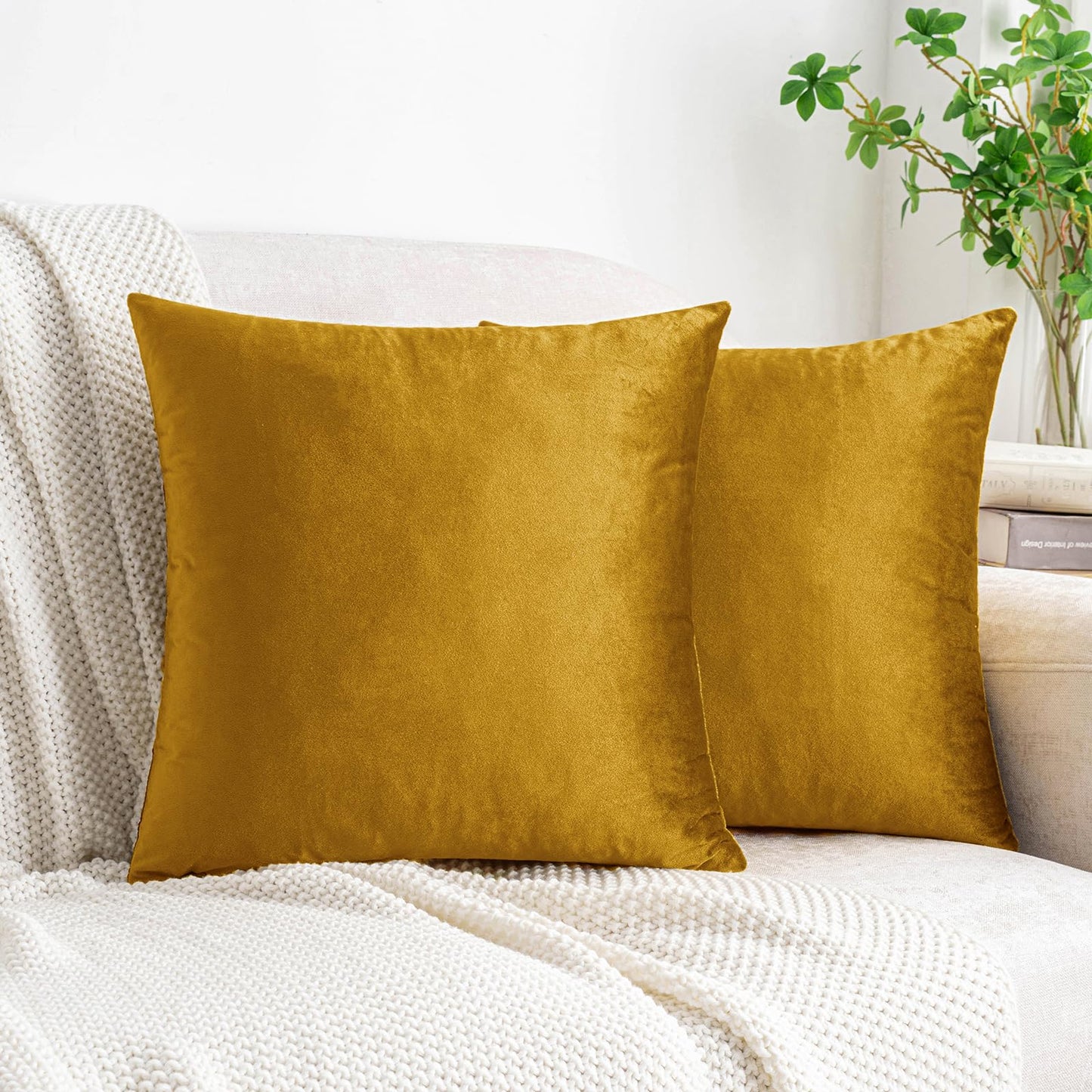 HWY 50 Dark Gold Velvet Throw Pillow Covers 18x18 Inch, Pack of 2 Soft Cozy Solid Decorative Luxury Cushion Cases for Couch Sofa Bed Living Room Bedroom