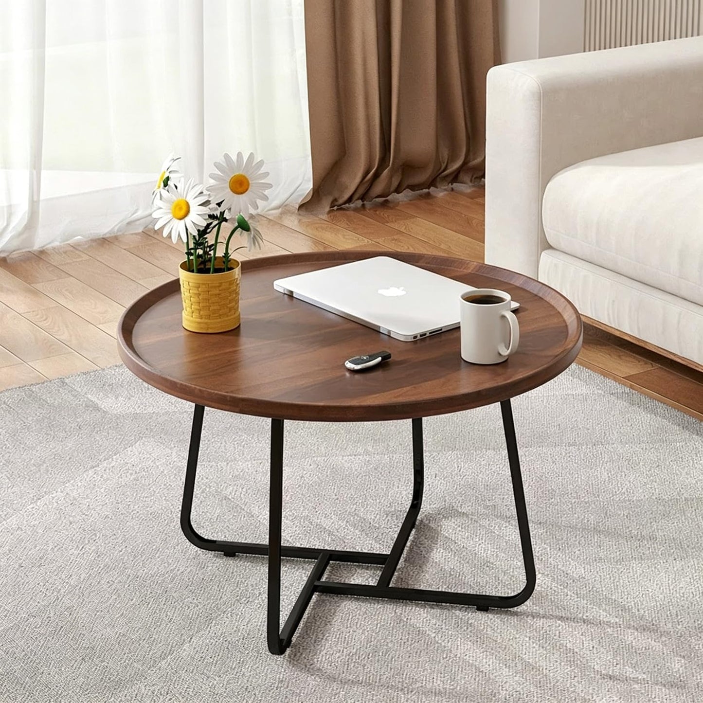 GTIWROTN Small Round Coffee Table, Wooden Surface Top & Sturdy Metal Legs Coffee Table with Fluted, End Table for Living Room Bedroom Office Balcony Yard (Walnut, 20 inches)