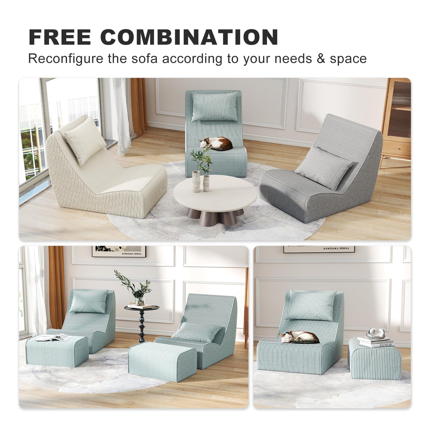 Giant Bean Bag Chair for Adults,Corduroy Chaise Lounge with Unrivaled Back Support, Detachable Neck Pillow, Comfortable Ottoman & Washable Cover for Living Room, Bedroom, Garden(Mint Green)
