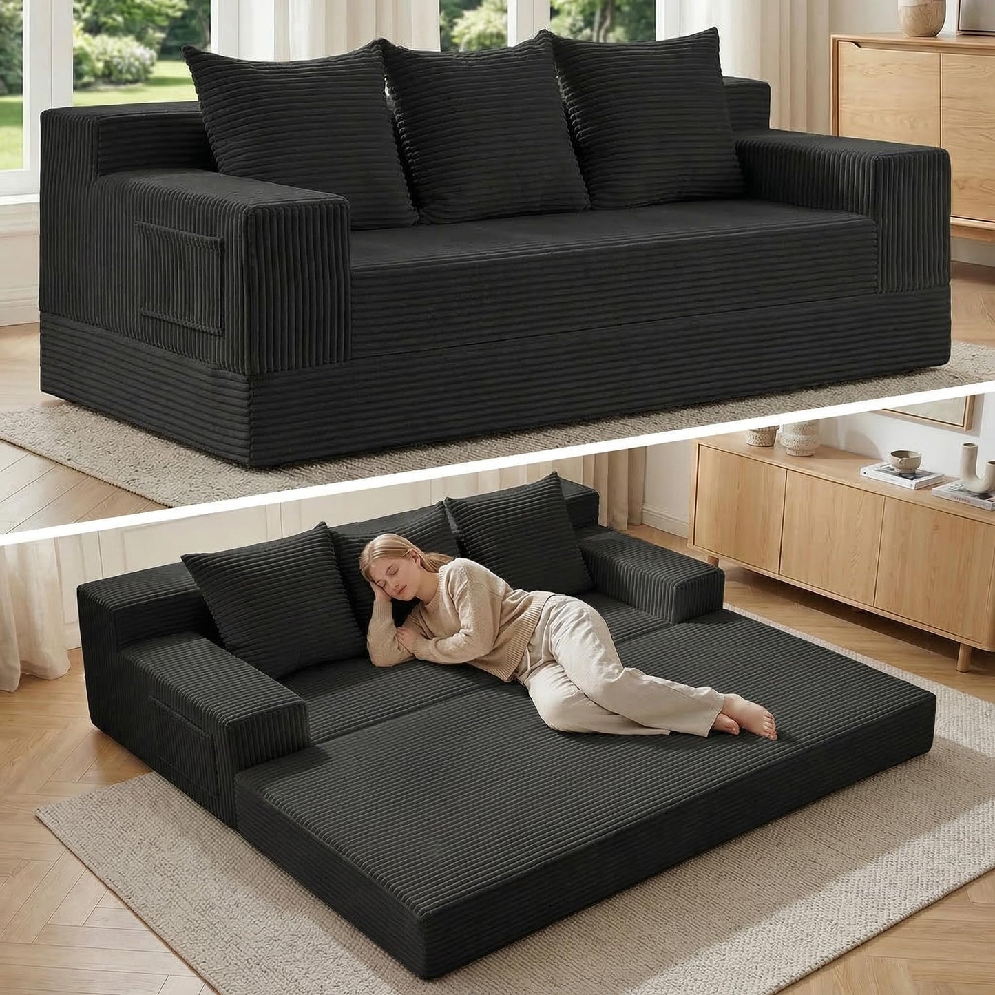 NLDD 78" Convertible Sofa Bed, Foldable Floor Couch Futon Sofa,High-Density Sponge Boneless Couch, 3 Seater Sleeper Couch with 3 Pillows for Living Room Bedroom Lounge (Black)