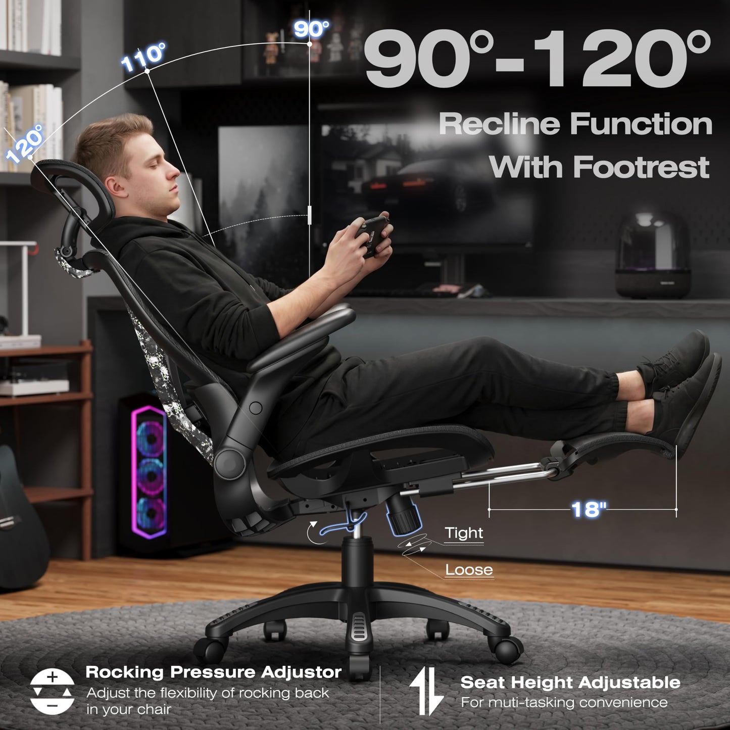 ELABEST X100 Ergonomic Mesh Office Chair with Footrest, Big and Tall Home Desk Chair with 5D Flip-Up Arms, Adjustable 3D Lumbar Support, Gaming & Executive Computer Chair, Night Reaper