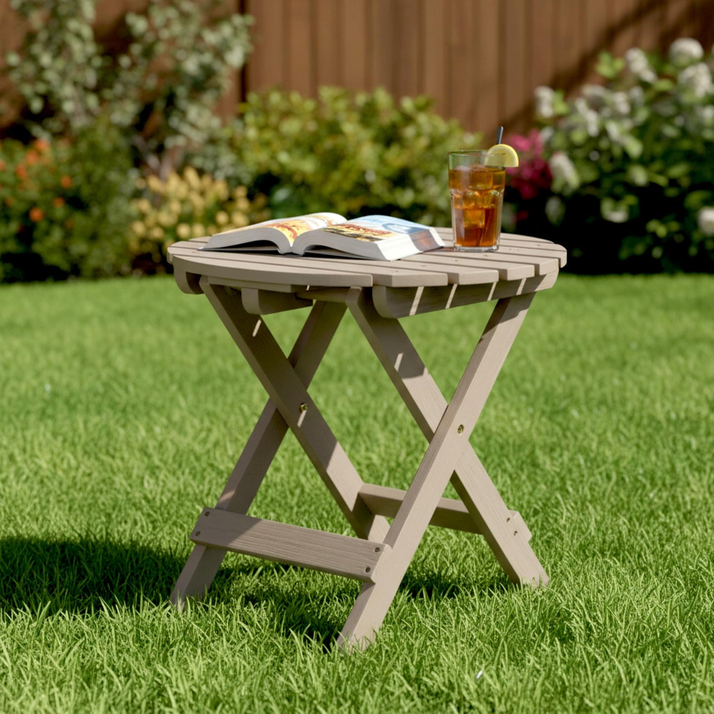 Shine Company Round Wooden Folding Solid Wood Side Table, Outdoor Adirondack Small Patio Table, Graystone