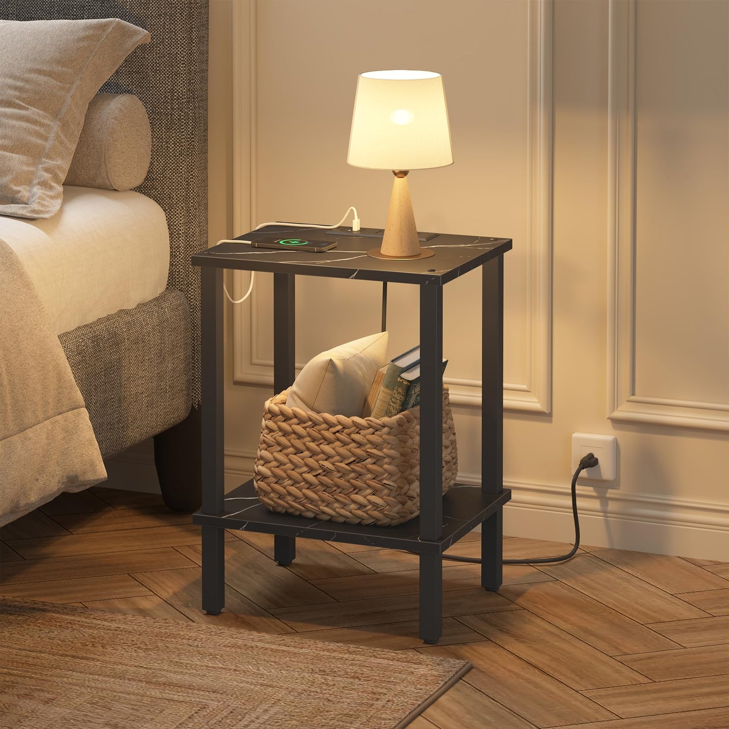 TUTOTAK End Table with Charging Station, Small Side Table, Nightstand Bedside Table, 2-Tier Storage Shelf for Small Space, Living Room, Bedroom, Marble Black TB01BMK040