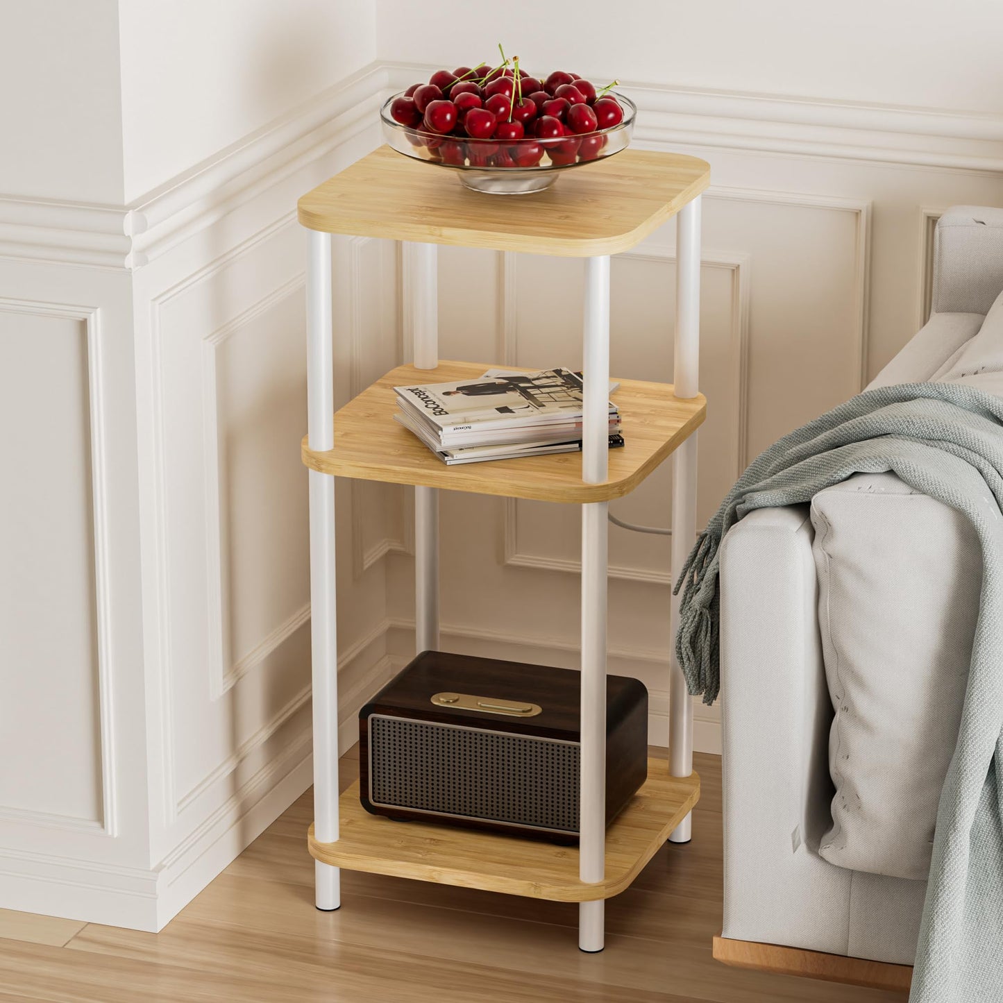 SANLUCE Bamboo End Table with Charging Station, Side Table for Small Space, Small Table Stand, Narrow Wooden Bedside Table Nightstand with Shelves, for Nursery, Living Room, Bedroom, Natural and White