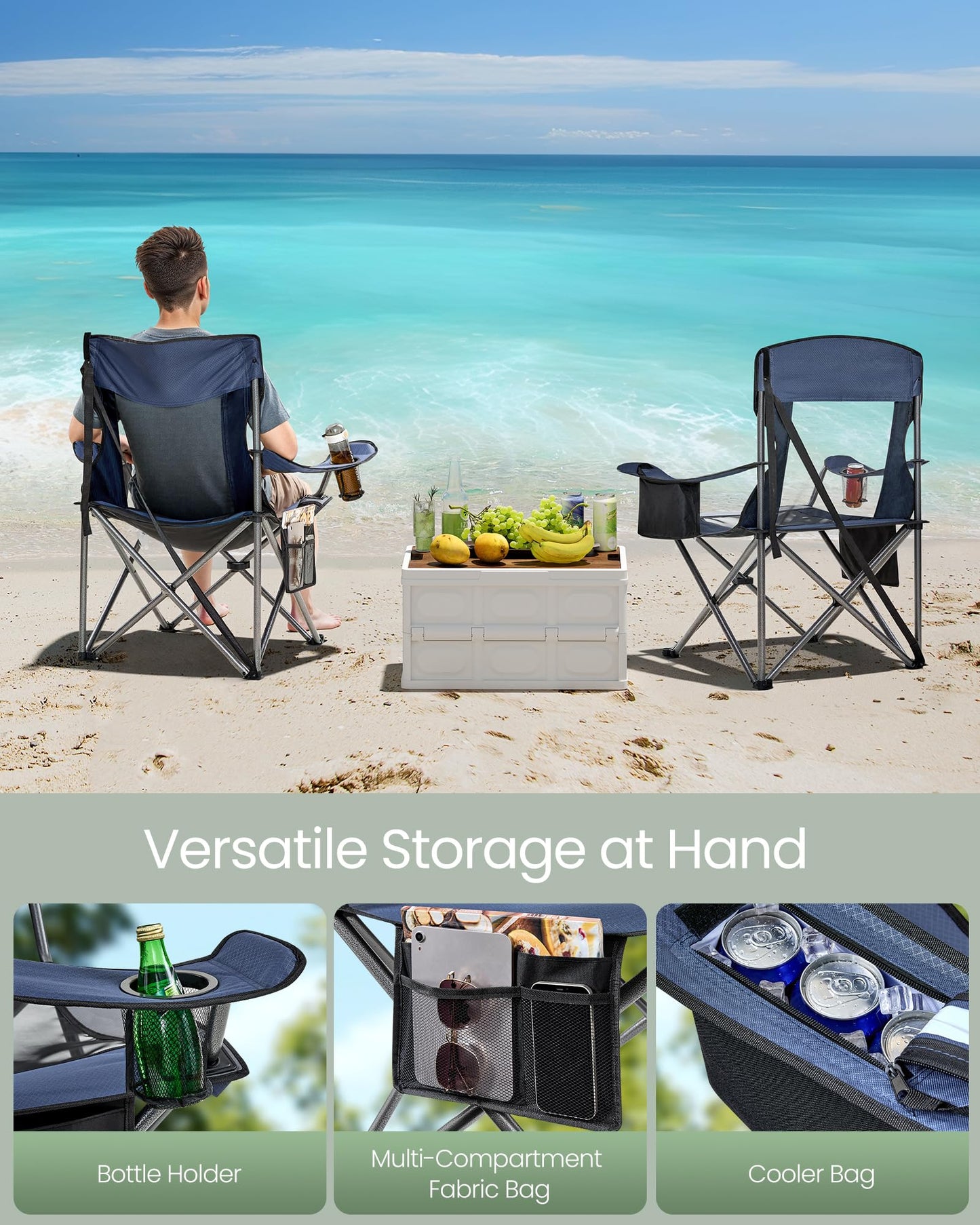 SONGMICS Camping Chair, Folding Oversized Chair, Comfortable and Heavy-Duty, 352 lb Weight Capacity, Adjustable Armrests with Cooler Bag, Storage Bag, Breathable Mesh, Bijou Blue UGCB060Q01