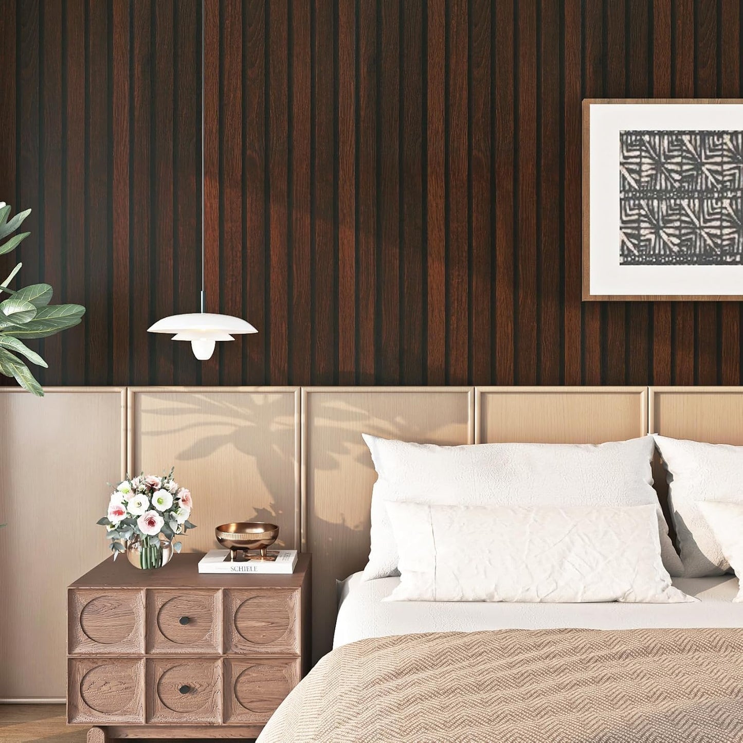 FunStick 24"x200" Slats Wood Wallpaper Peel and Stick Wall Paper Brown Walnut Slatted Wood Vinyl Self Adhesive Contact Paper Decorative for Cabinets Furniture Wooden Slat Wall Panels for Walls Bedroom