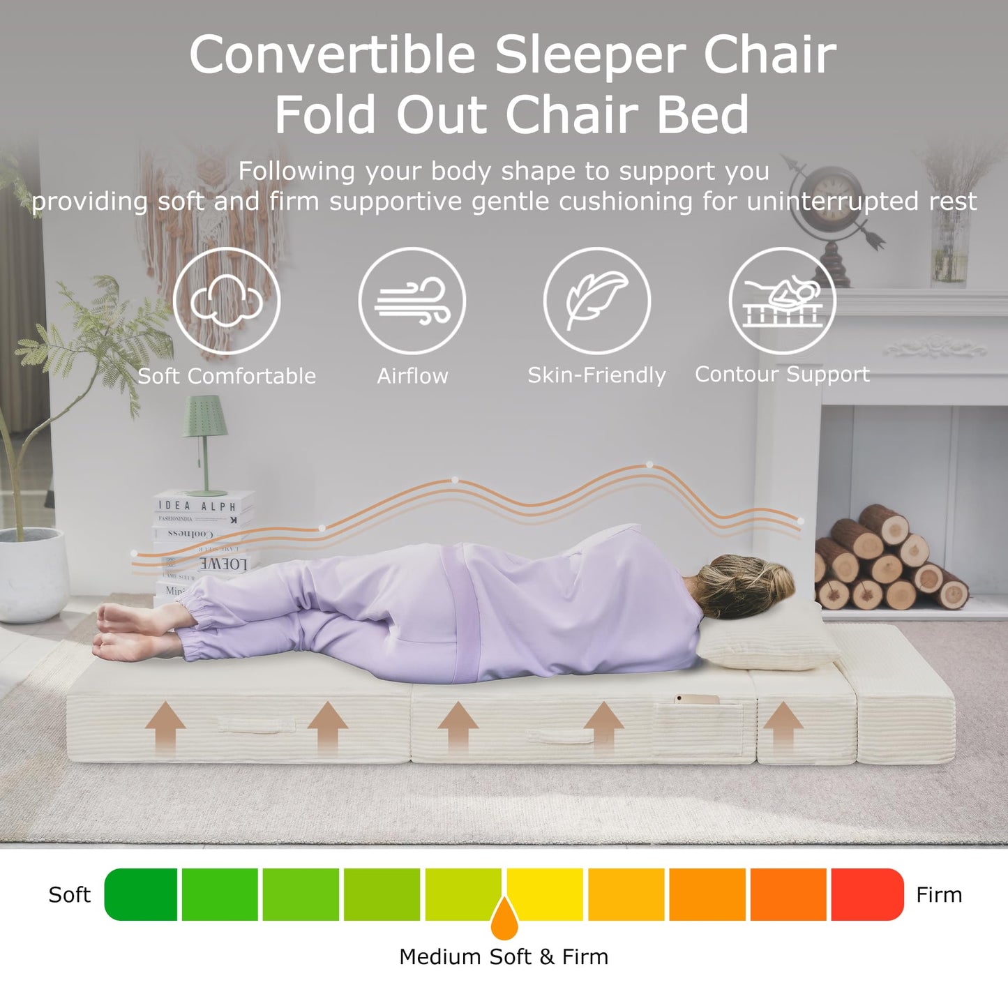 HILERO Folding Sofa Bed, 4 in 1 Convertible Sleeper Chair with Pillow, Single Memory Foam Fold Out Chair Bed, Modern Floor Futon Sofa Couch Mattress for Living Room/Guest/Apartment,Beige