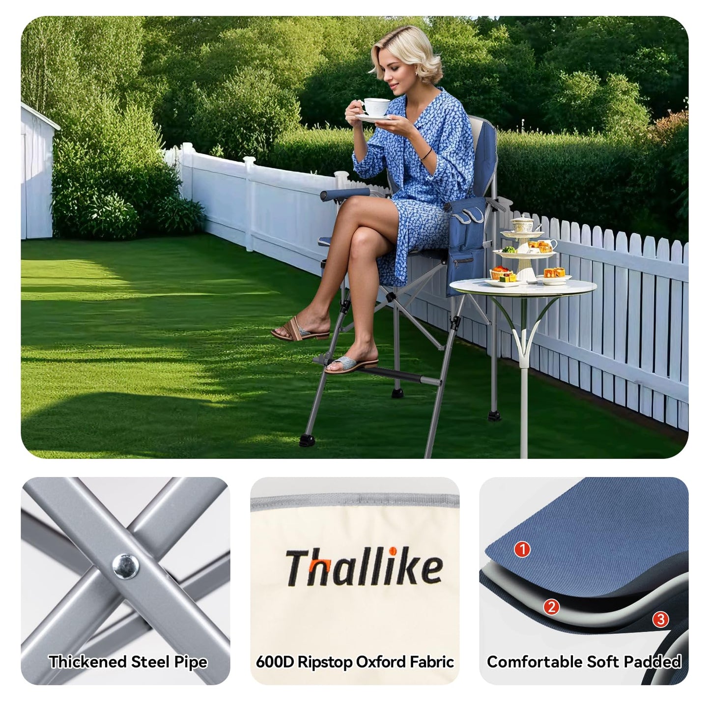 Thallike Foldable Directors Makeup Salon High Chair - Portable Camping Bar Height Folding Photoshoot Chairs with Stroage Bag Cup Holder Non-Slip Footrest, Supports 400 lbs Blue Tall Director Chair