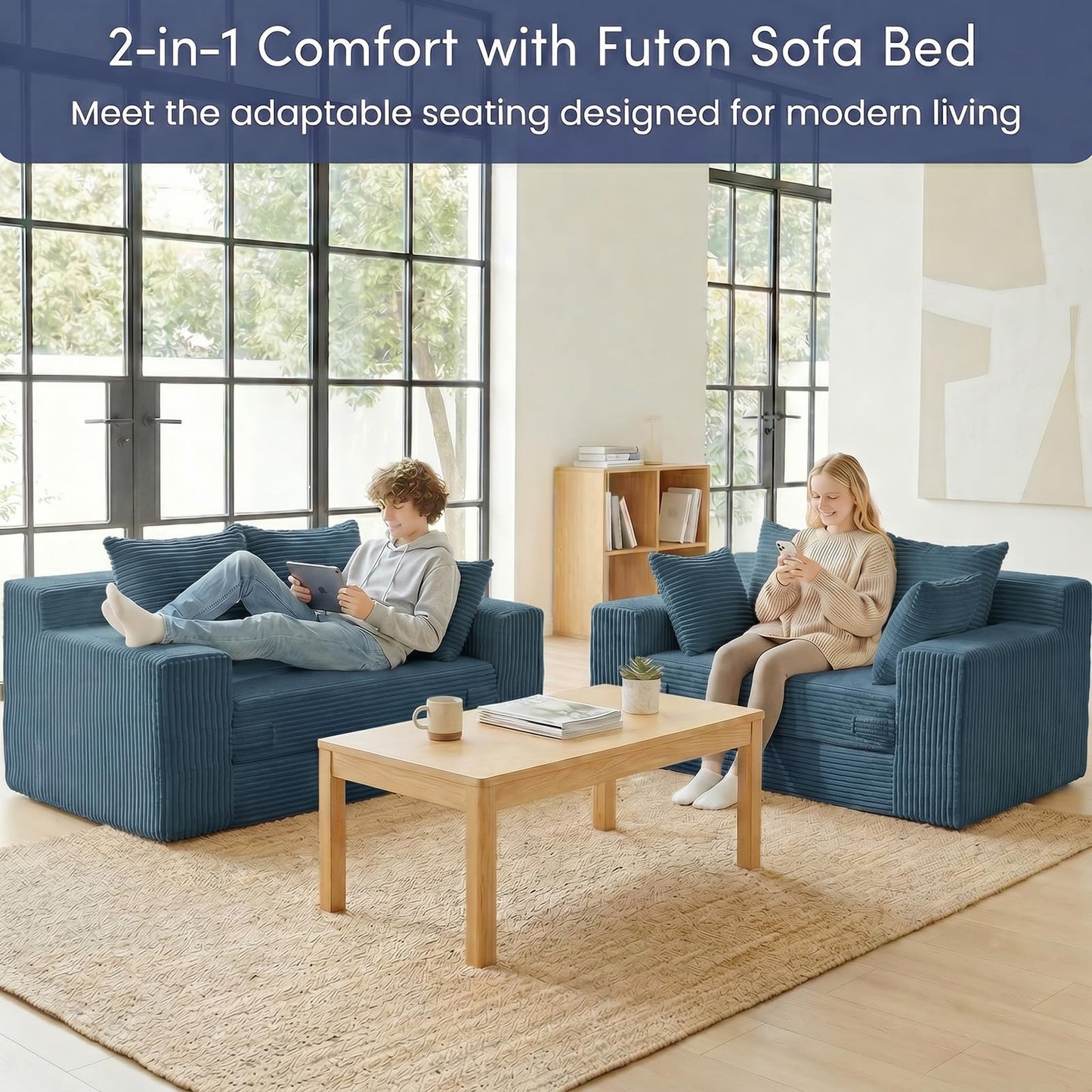 cidludto Convertible Sofa Bed, Boneless Couch 2 in 1 Loveseat Folding Couch Bed Foldable, Chair Bed & Futon Sofa Bed, Small Corduroy Pull Out Sofa with 4 Pillows for Living Room, Blue