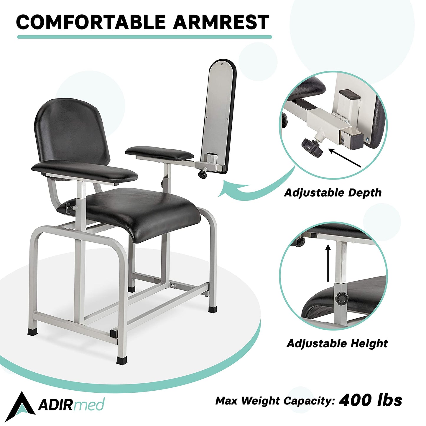 VivaComfort Black 400 lbs Weight Capacity Phlebotomy Chair with Adjustable Armrest, Blood Draw Chair, Comfortable Lab Medical Chair