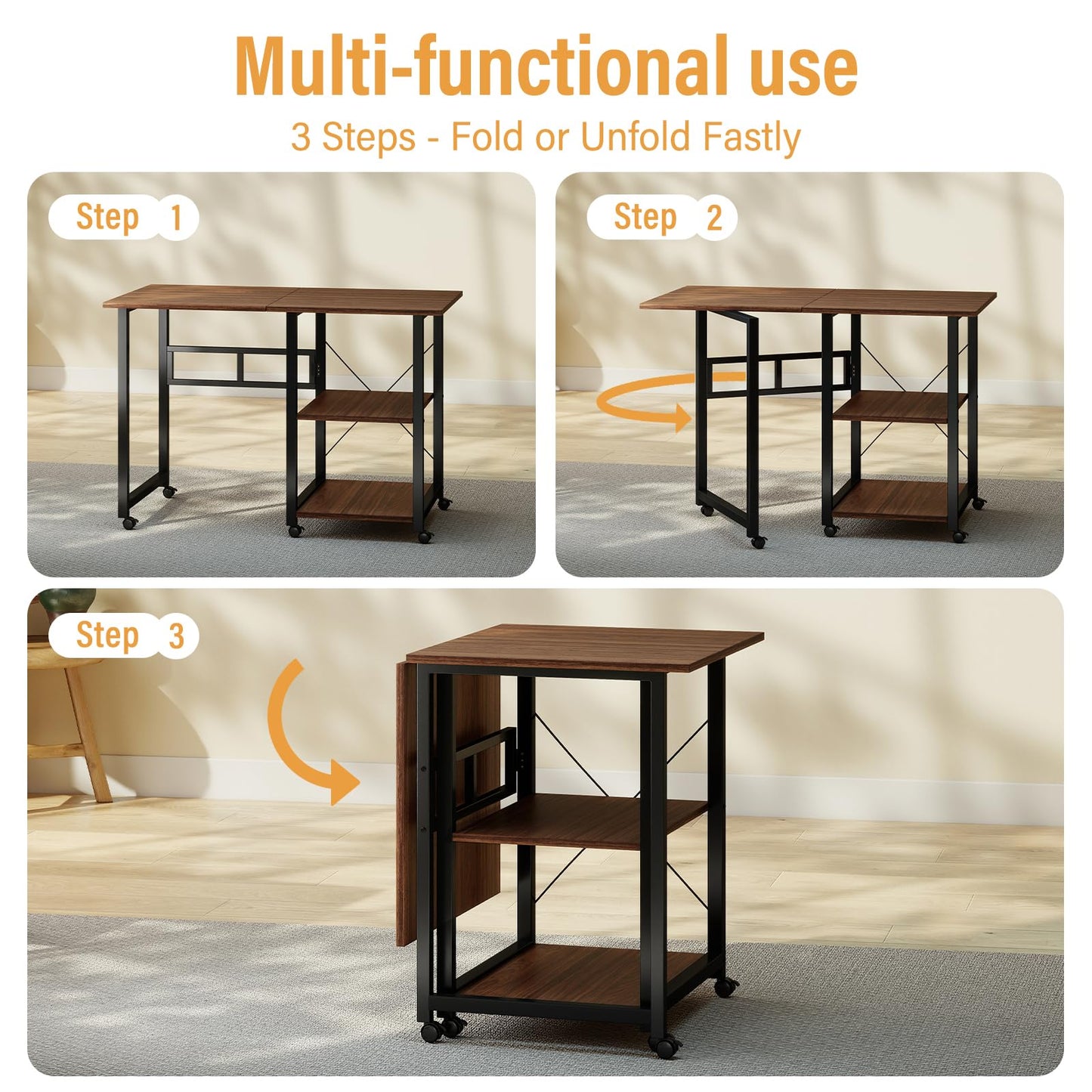 Funecy Folding Desk with Storage Shelf, Writing Office Computer Desk, 42.5 Inch Multi-Purpose Folding Dining Table, Mobile Table with Wheels (Brown)