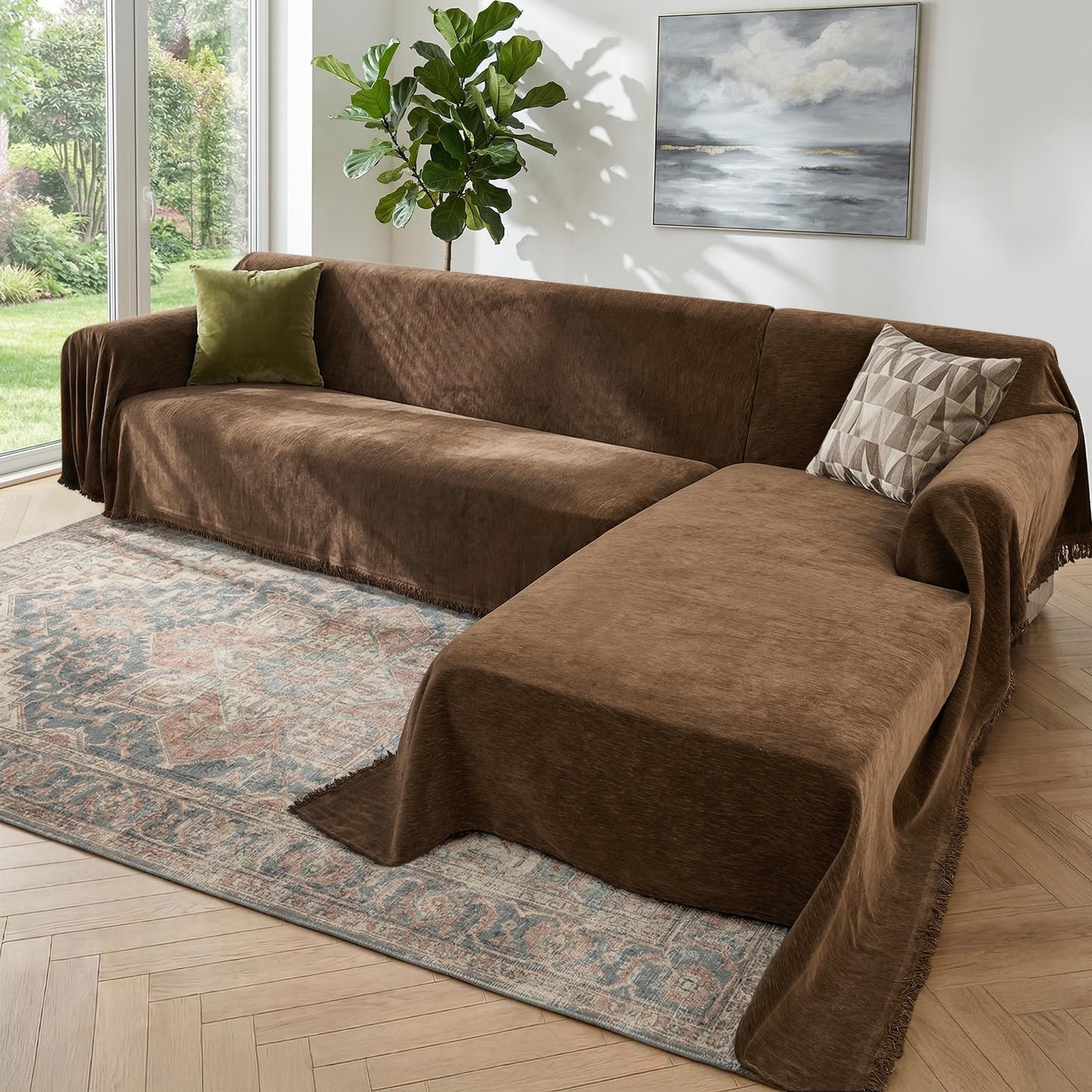 Houmiggle Sectional Couch Covers, 2 Pieces Washable L Shaped Couch Covers Sofa Blanket for Dogs Pet Friendly Sectional Sofa Slipcovers Furniture Covers,71"x118"+91"x134",(XXX-Large,Coffee)