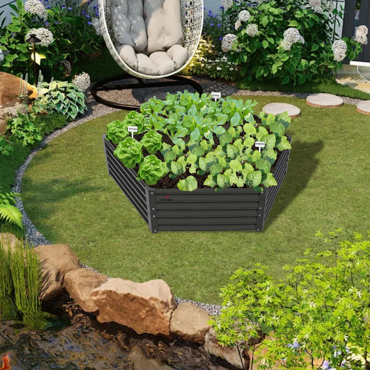 A ANLEOLIFE Hexagon Galvanized Metal Raised Garden Bed Outdoor, 70x60x18in Deep Metal Planter Box for Flowers, Herbs & Vegetables, 18'' Tall Decorative Raised Bed, Quartz Grey