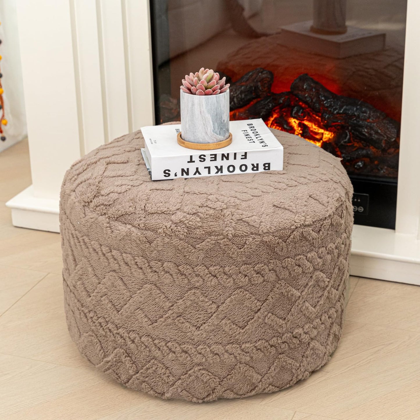 Poofieotto Round Ottoman Stuffed 20x12 Inches Floor Pouf Chair for Living Room Bedroom Modern Foam Pouf Ottoman Foot Rest for Couch Home Décor Pouffe (Light Coffee Pouf with Filler)