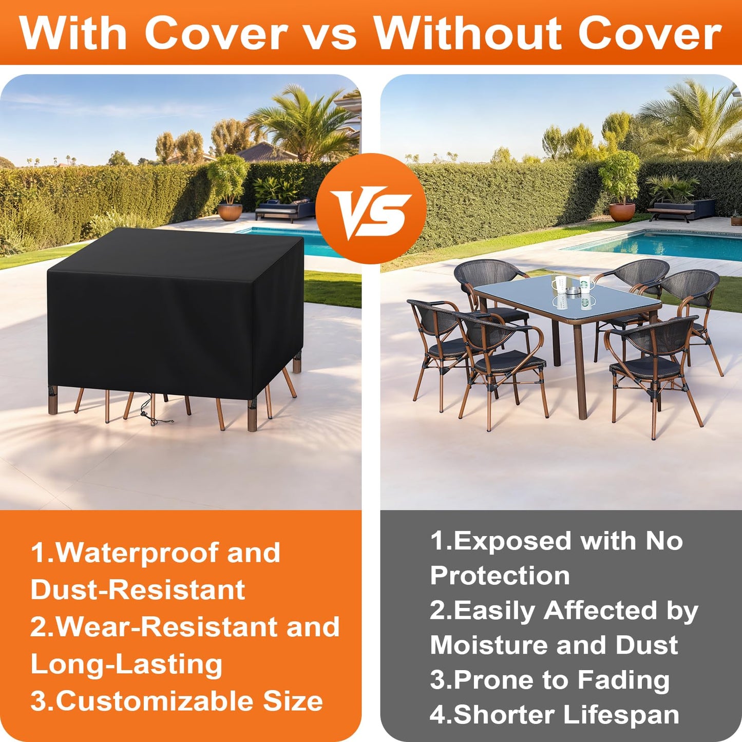 Cisvio Patio Furniture Cover Rectangle 111"(L) x 74"(W) x 30"(H), Custom Heavy Duty 420D Waterproof Outdoor Cover with Drawstring & Buckles for Table Chair Garden, Black
