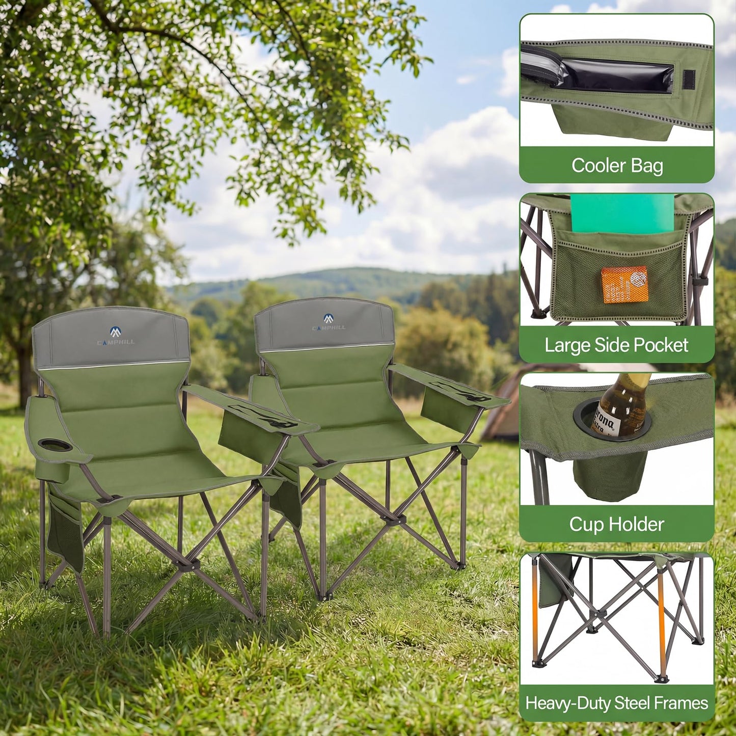 CAMPHILL Oversized Camping Chairs 2 Pack - Heavy Duty 400LBS Padded Lawn Chair with Cooler Bag,Cup Holder,Side Pocket,Collapsible for Outdoor,Camp,Fishing & Garden,Olive Green