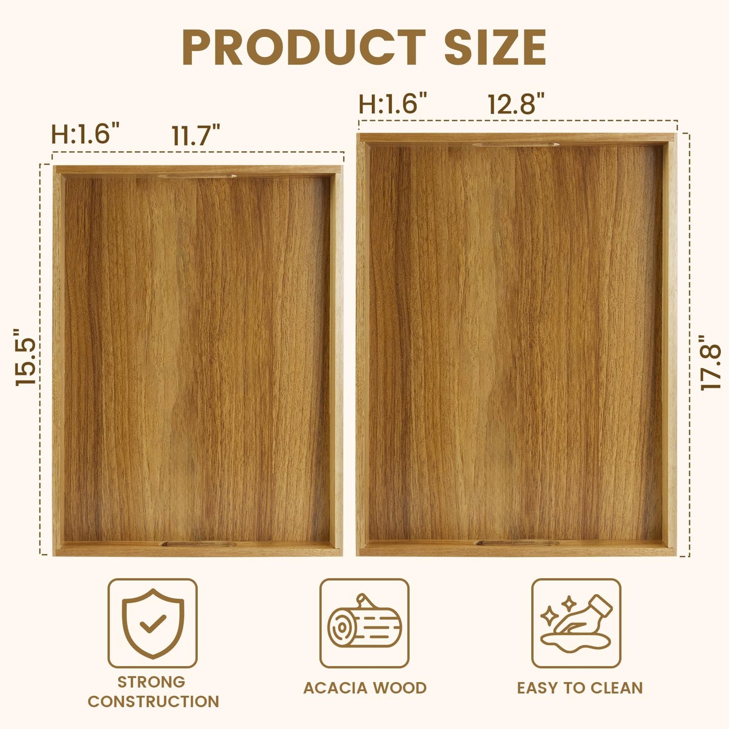 Serving Tray with Handles, Acacia Wood Serving Platters, Set of 2 Rustic Decorative Storage Tray for Coffee Table, Party, Ottoman, Kitchen, Bedroom, Bathroom, Ideal Housewarming Gift