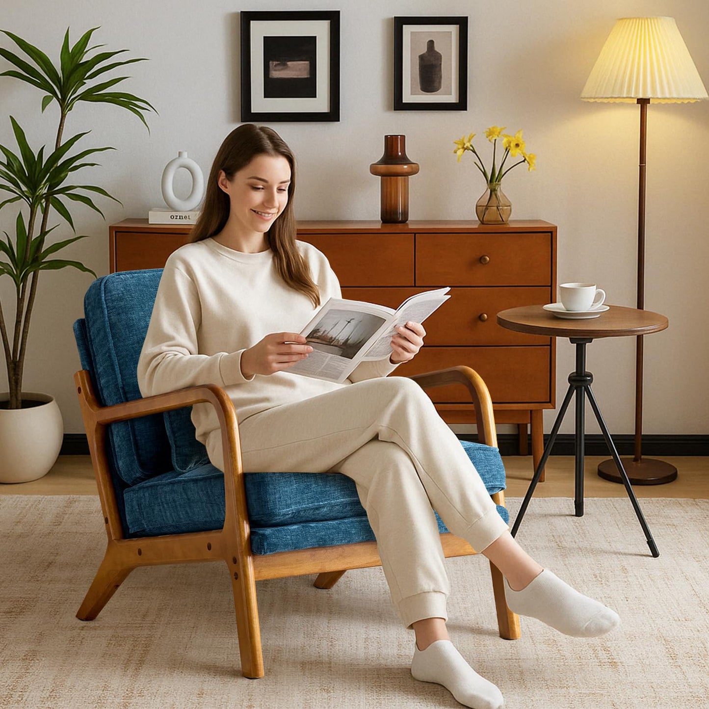 Karl home Mid Century Modern Accent Chair with Lumbar Pillow & Oak Arms – Plush Chenille Living Room Chair for Bedroom, Lounge (Blue)