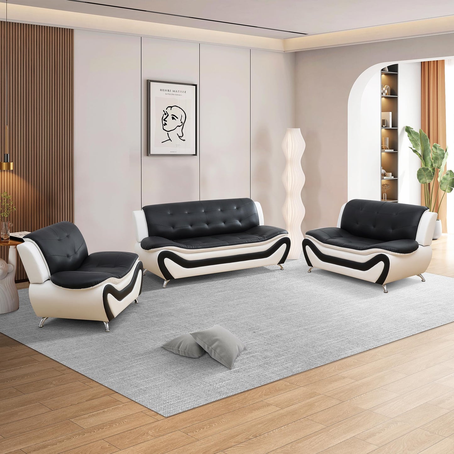 Modern 1 2 3-Piece Living Room Sofa Set, Black and White Faux Leather, Loveseat, Chair, for Apartments and Hotels
