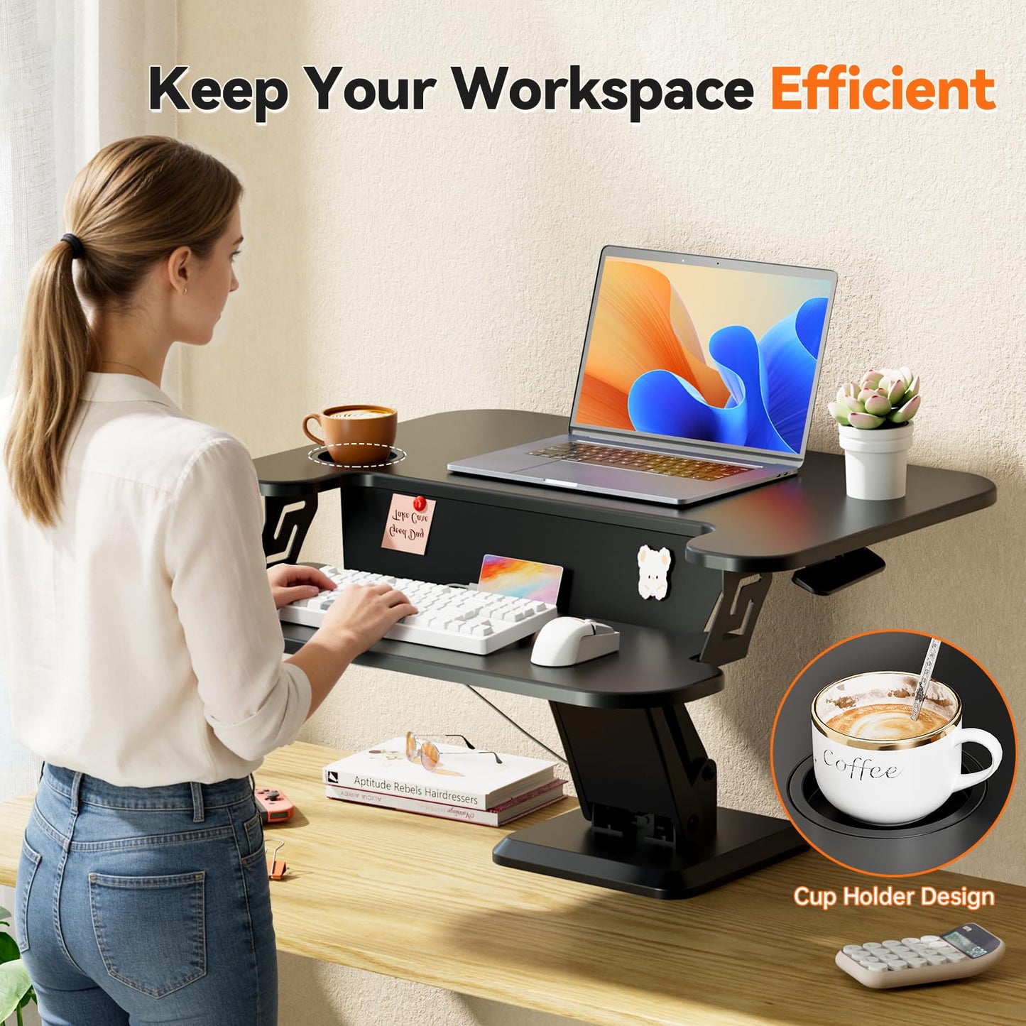 JYLH JOYSEEKER 28" Standing Desk Converter, Height Adjustable Clamp Desktop Riser with Keyboard Tray, Sit Stand Monitor Riser Workstation for Home Office, Magnets Inclued, Black