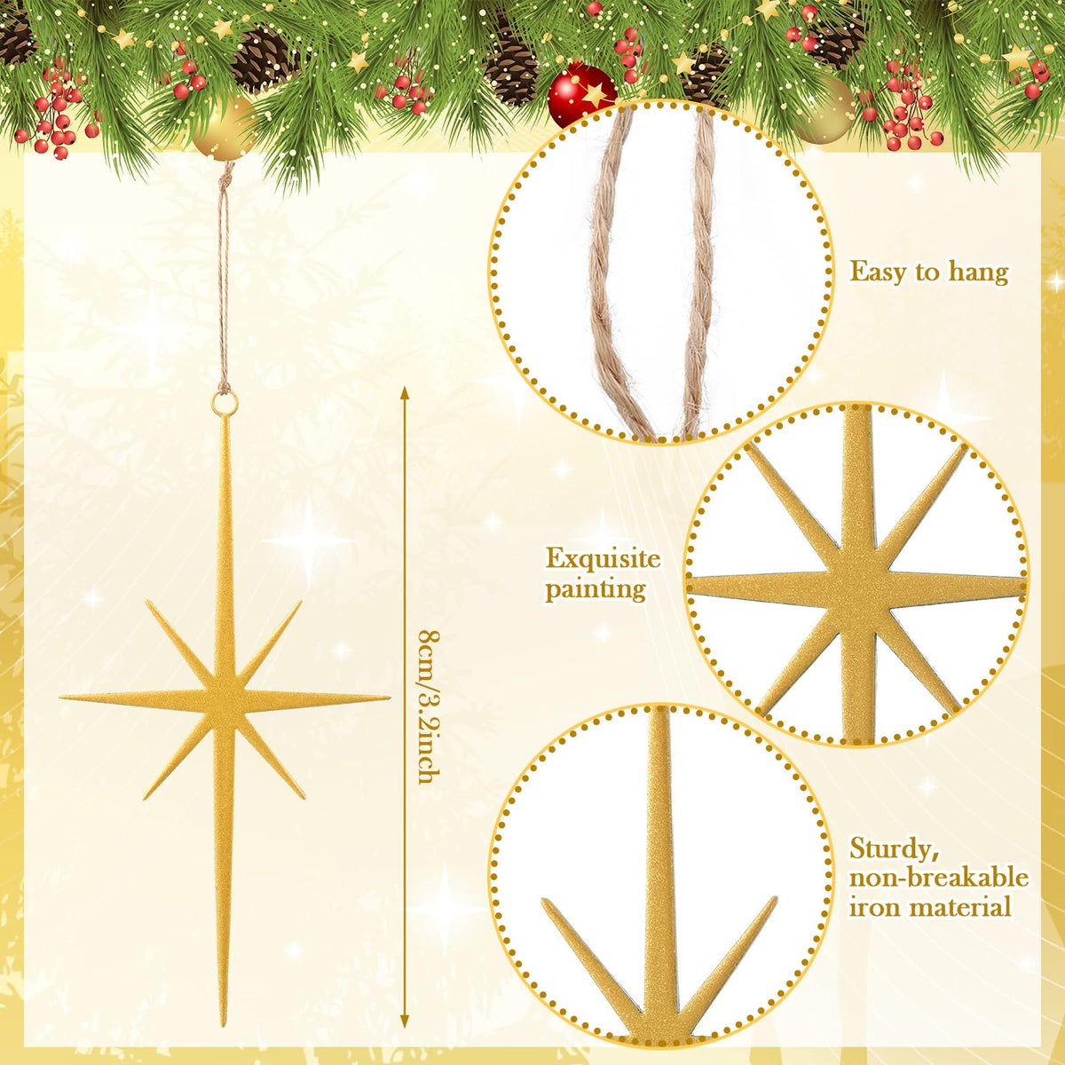MorningRo 20 Pcs Gold Glitter Star Ornament for Tree Glitter Metal Nativity Star of Bethlehem Ornaments Golden Cast Iron 3.15inch Religious Nativity Scene Hanging Gift for Party Decor