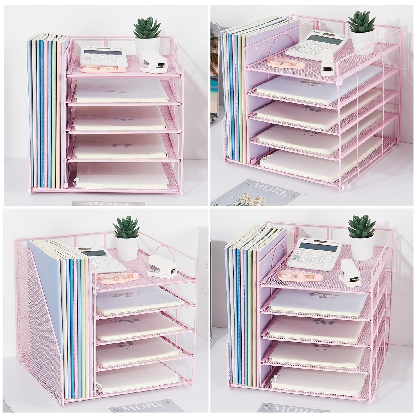 LEKETREE Desk Organizers and Accessories, 5-Tier Paper Letter Tray Organizer with File Holder, Desktop Organizer for Office Supplies (Pink)