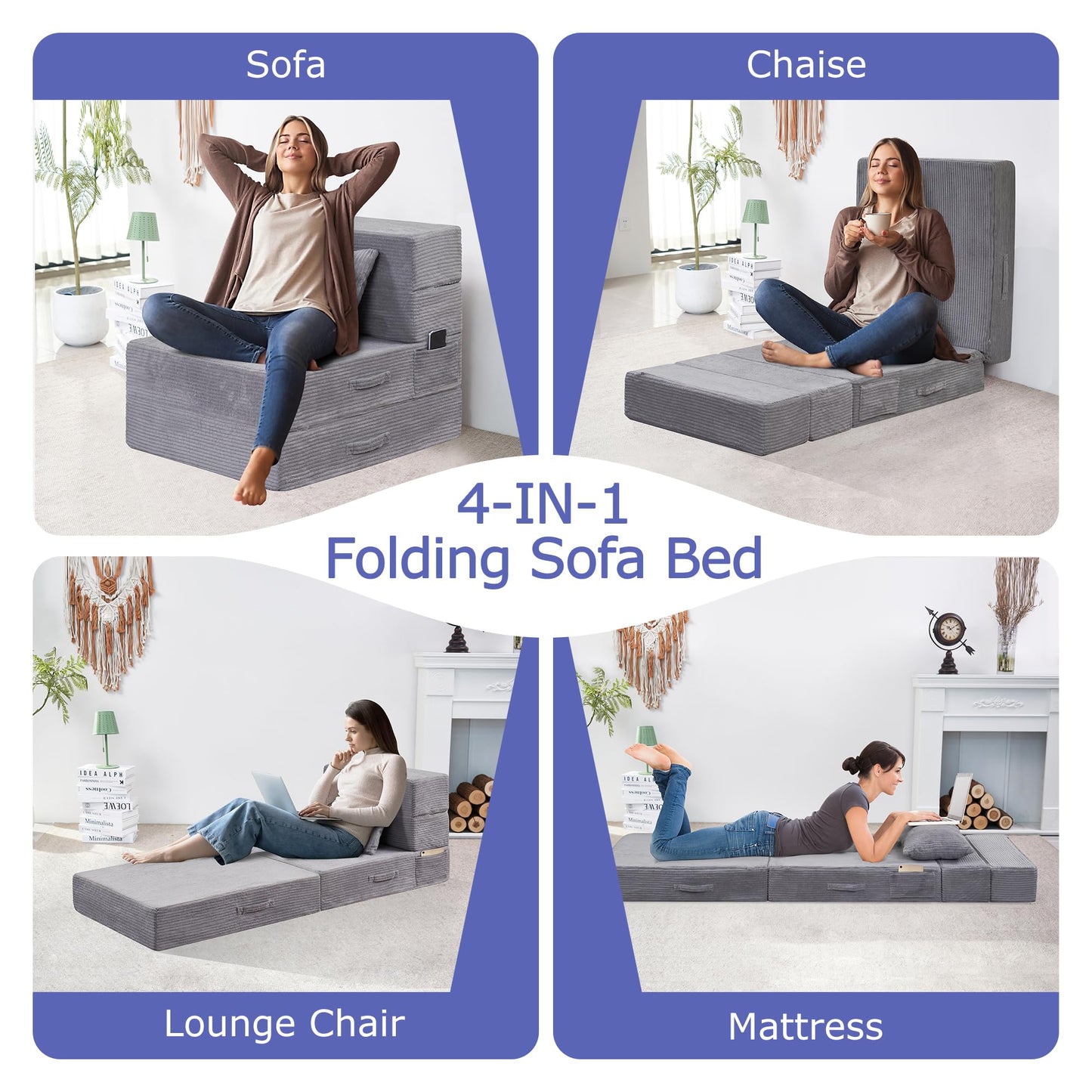 HILERO Folding Sofa Bed, 4 in 1 Convertible Sleeper Chair with Pillow, Single Memory Foam Fold Out Chair Bed, Modern Floor Futon Sofa Couch Mattress for Living Room/Guest/Apartment, Light Gray