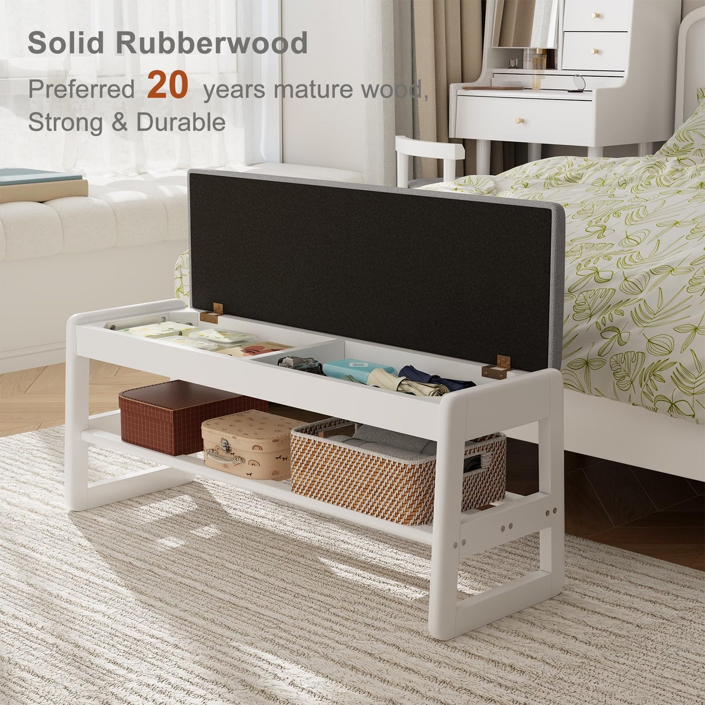 AQIMUELE Shoe Rack Bench,2 Tiers Shoe Bench with Storage with Flip-Top,Wood Shoe Rack for Entryway,Hallway（White Upholstered Seat,11.8" D x 39.3" W x 15.7" H）