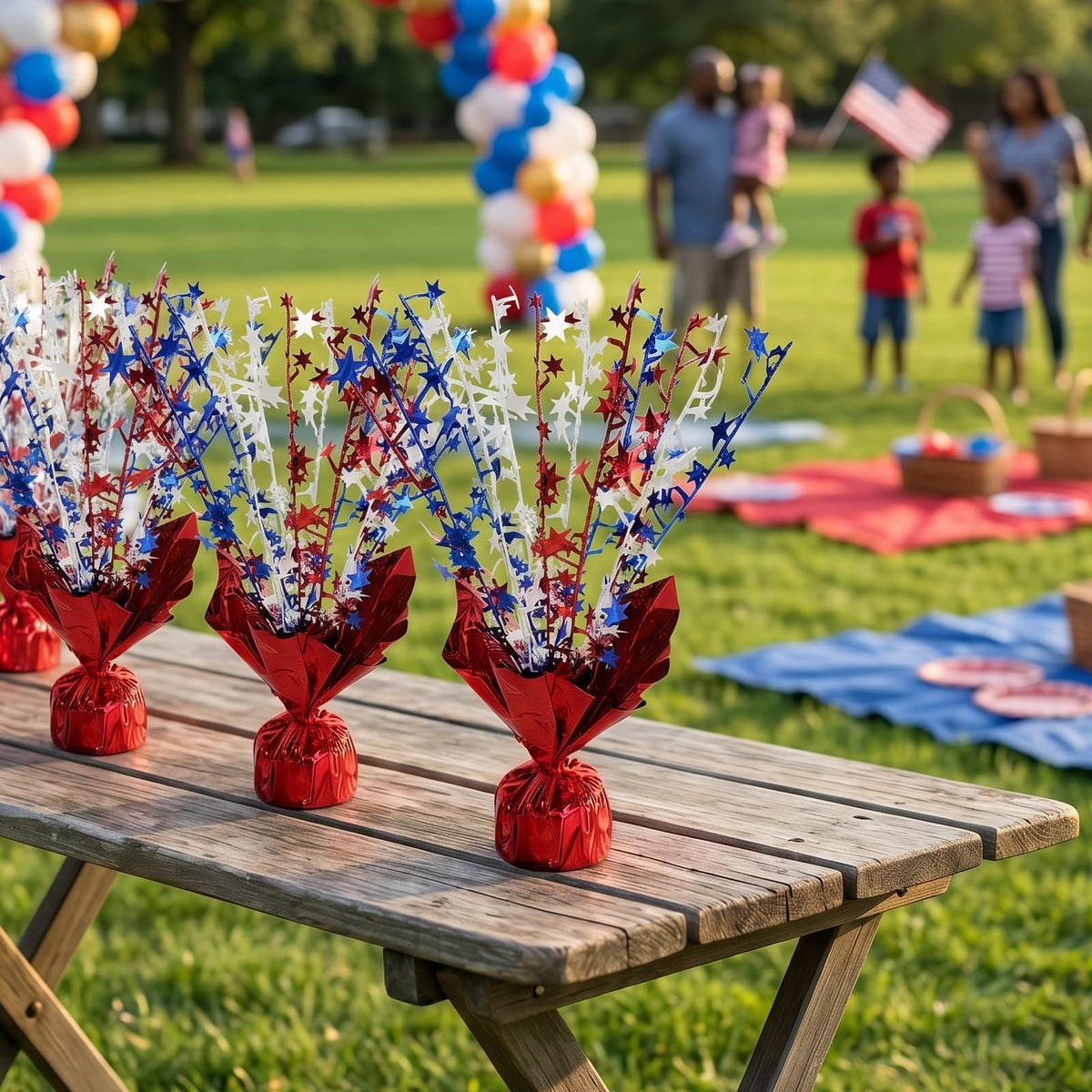 6pcs 4th of July Table Centerpiece Decoration Patriotic Metallic Foil Spray Star Burst Decoration for Independence Day 250th Anniversary Memorial Labor Veteran Day Red White Blue