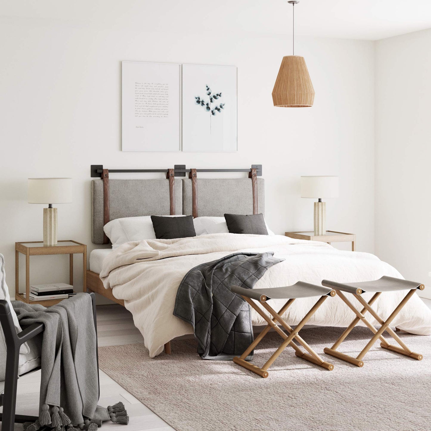 Nathan James Harlow Modern Wall Mount Hanging Headboard, Queen, Gray with Brown Faux Leather Straps