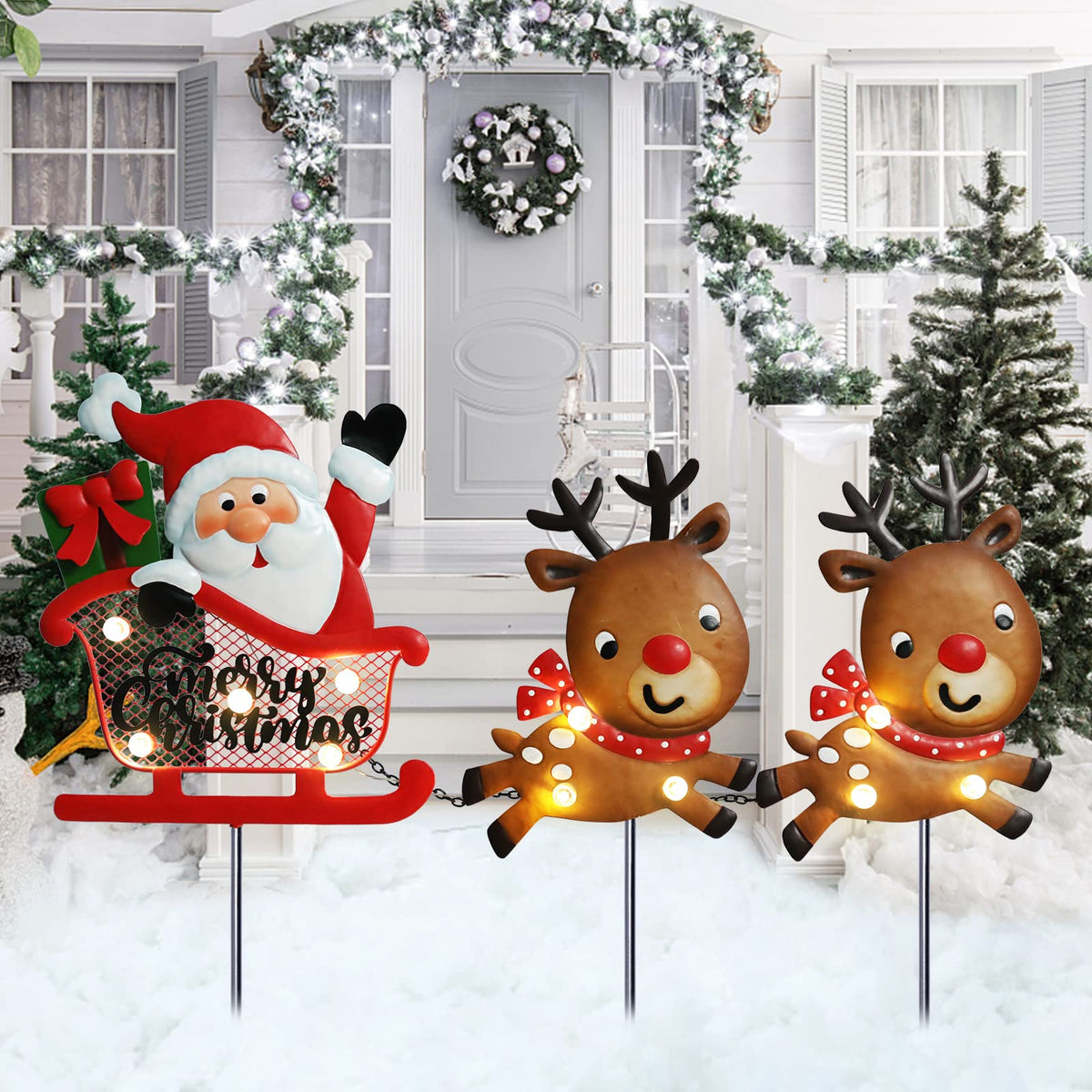 3 Pieces Christmas Decorations Outdoor Yard Sign with LED Lights Sled Lawn Sign Santa Reindeer Yard Sign with 3 Yard Stakes for Outdoor Christmas Decoration