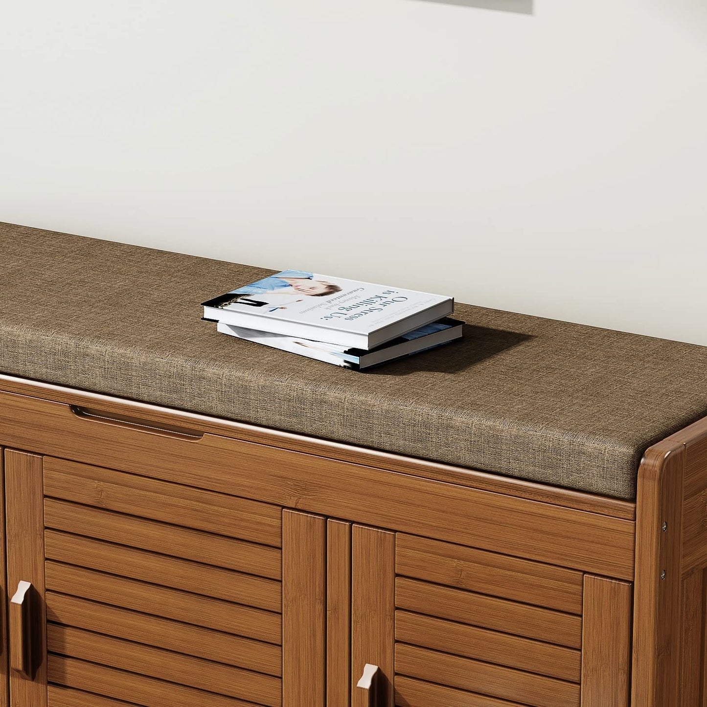 Wilk Shoe Bench with Storage, 2-Tier Shoe Cabinet with Padded Seat Cushion and 3 Darn Doors (38.2’’ (L) x 14.4’’ (W) x 19.7’’ (H))