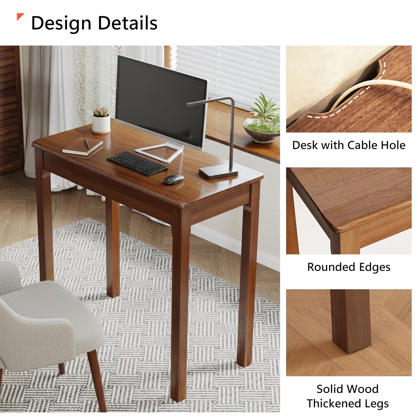 Love-KNPTUS Solid Wood Desk with Drawers - 31.5" Narrow Desks for Small Spaces, Mid Century Modern Desks, Small Wooden Vintage Computer Writing Desk, Study Table for Home Office Bedroom, Walnut