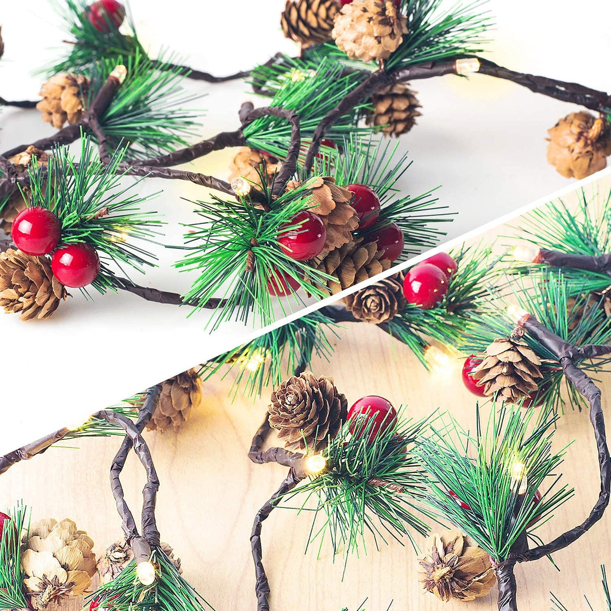 Hongyitime 7.8 FT PineCones String Lights, Christmas Pine Cone Light String, 20 LED Red Berry Pine Cone Garland Lights, led Garland String Lights, Christmas Decorations for Home