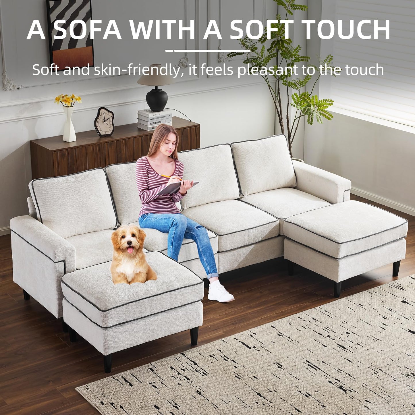 Cloud Couch - Luxurious White Chenille Fabric 102.36Inch U-Shaped Sectional Sofa for Living Room, Small Spaces, and Modern Homes - High-Density Sponge, 1000 lbs Weight Capacity (White)