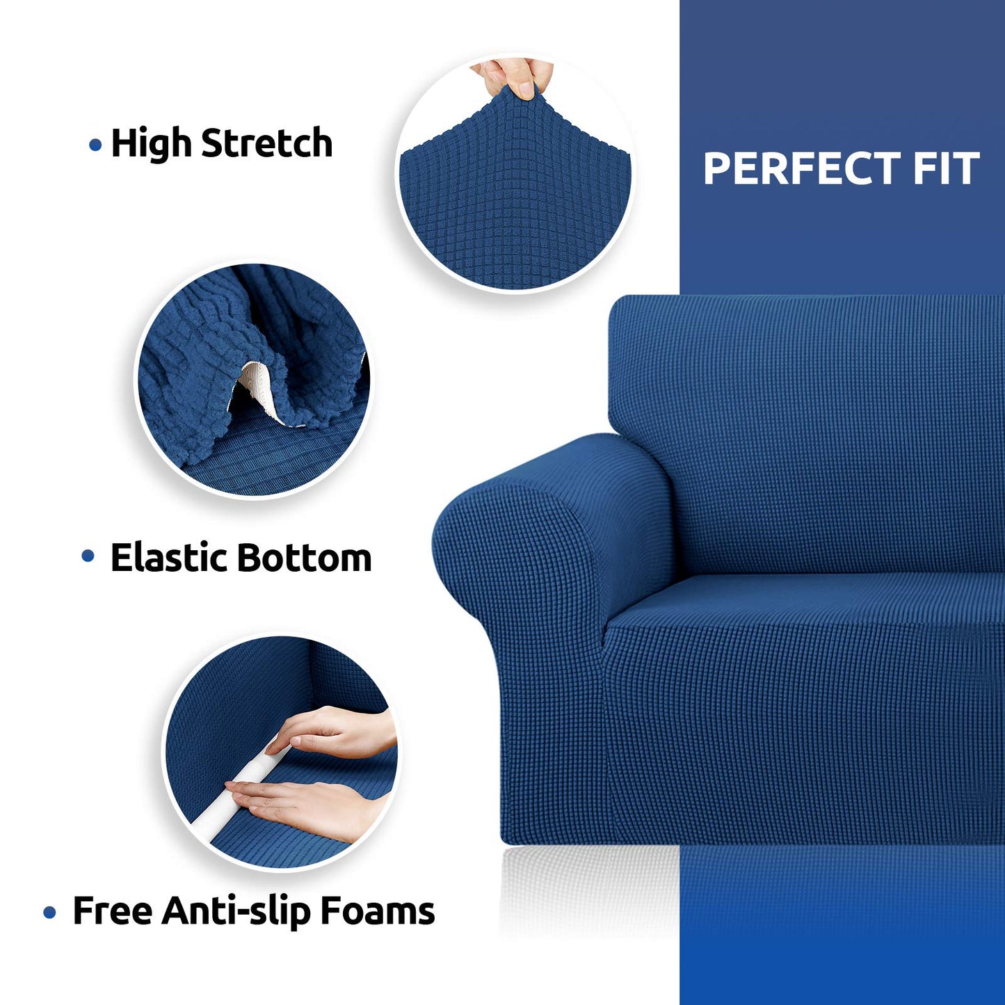 KEKUOU Stretch Sofa Cover Slipcover ，Couch Covers for 3 Cushion Couch Sofa pet Friendly (78"-94") Furniture Protector Sofa with Elastic Bottom for Kids,Dog, Jacquard Small Checked(Large,Classic Blue)
