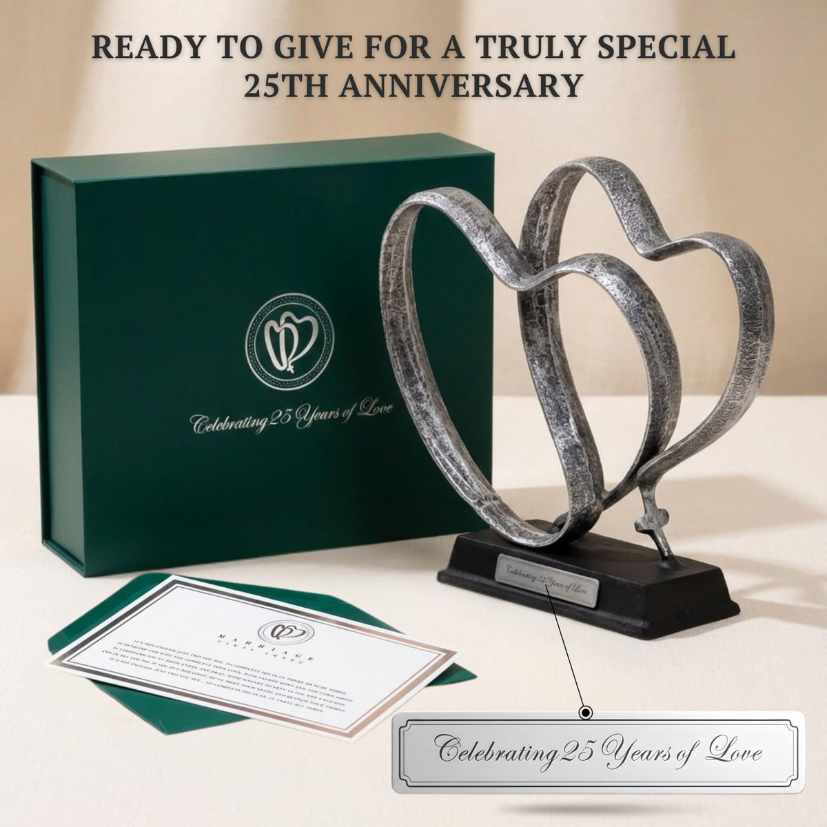 DCAPILLA 25th Anniversary Wedding Gifts – Two Hearts & Cross Keepsake - Ready-to-Gift Includes Present Box, Poem Card, and Engraved Plaque