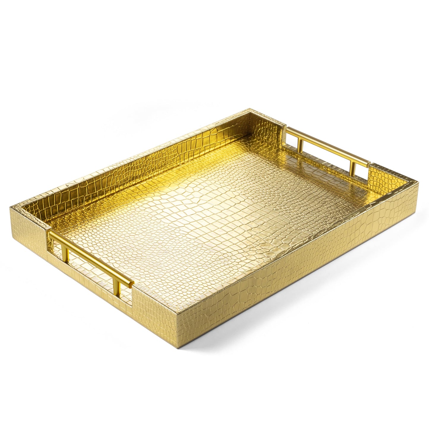 ATZYmolin 17" x 12" Wood Serving Tray with Gold Polished Metal Handles, Home Decorative Wooden Rectangle Ottoman Leather Decor Platter Bathroom Vanity Tray for All Occasions Alligator Gold