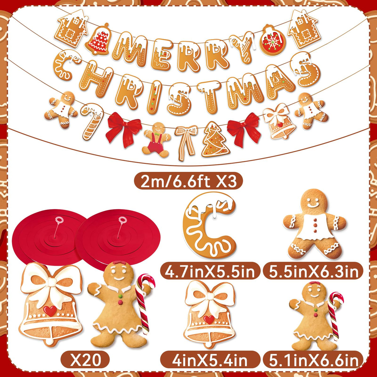 OBBOLO Merry Christmas Banners Gingerbread Theme, Pre-Strung Xmas Party Decorations, with 20 Pcs Gingerbread Men Hanging Swirls for Office Celebrations, School Events, Home Holiday Indoor Decor