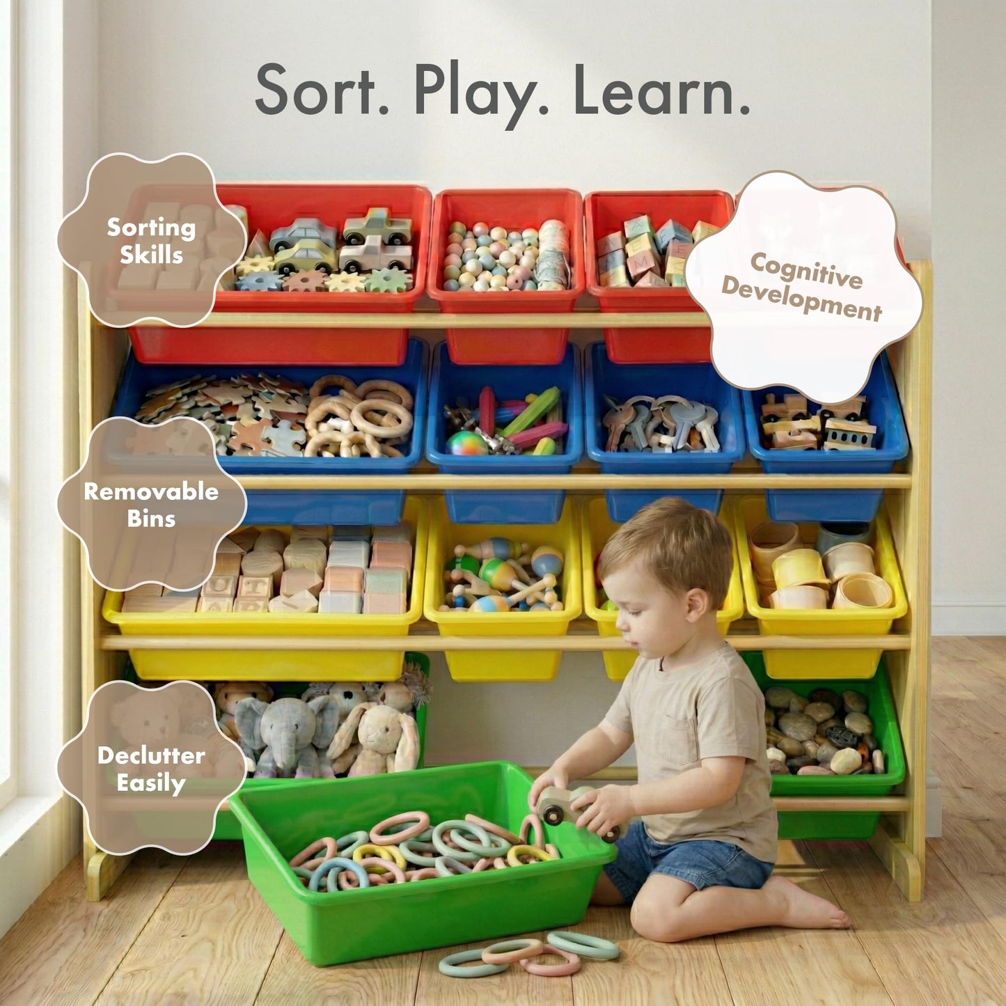 Humble Crew Toy Storage Organizer with 16 Removable Storage Bins for Kids Playroom, 4-Tier Toddler Toy Organization, Natural Wood/Primary