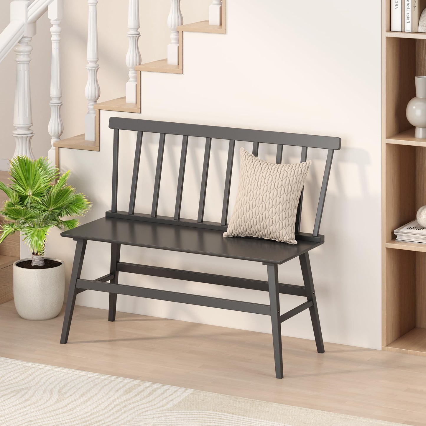 Wisuce Essentials Bamboo Dining Bench, Entryway Bench with Spindle Back Farmhouse Wood Windsor for Foyer Balcony Living Room (Black)