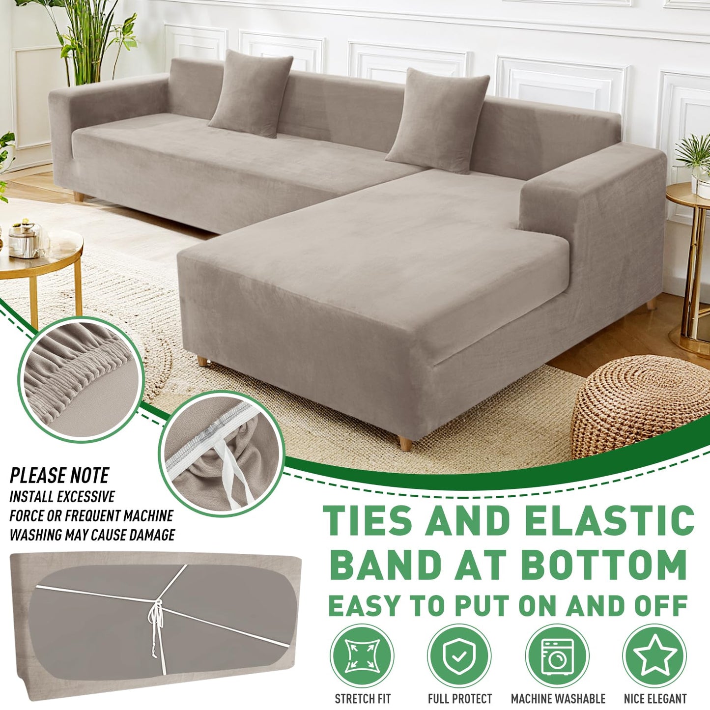ZNSAYOTX 2026 Soft Velvet Sectional Couch Covers, Luxury Plush Slipcovers with Elastic Bottom for L Shape Sectional Sofa, 2 Pcs Pet Friendly Protector (3 Seat Couch + 2 Seat Chaise, Khaki)