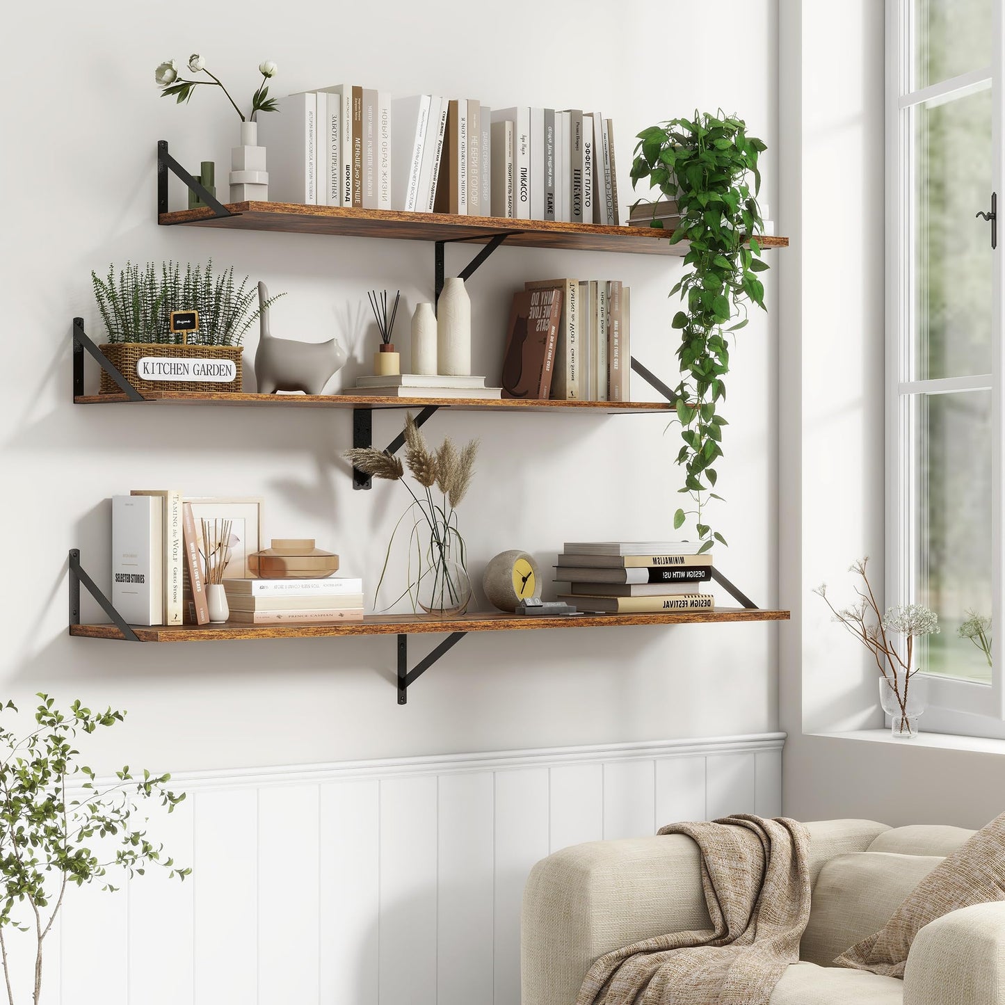 36"W x 12"D Floating Shelves, Deep Floating Shelves with Brackets, 12 Inch Deep Wall Shelves for Books, Wide Display Storage Shelves for Bathroom, Living Room, 36 Inch Long, Rustic Brown, Set of 2
