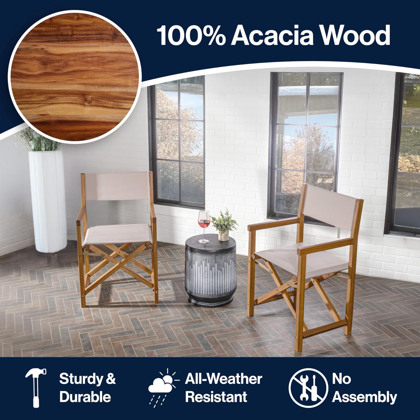 JONATHAN Y Cukor Coastal Acacia Wood Folding Outdoor Director Chair Set of 2 for Patio, Deck & Balcony, Weather-Resistant Teak Brown and Beige, No Assembly Required DRC1000B-SET2