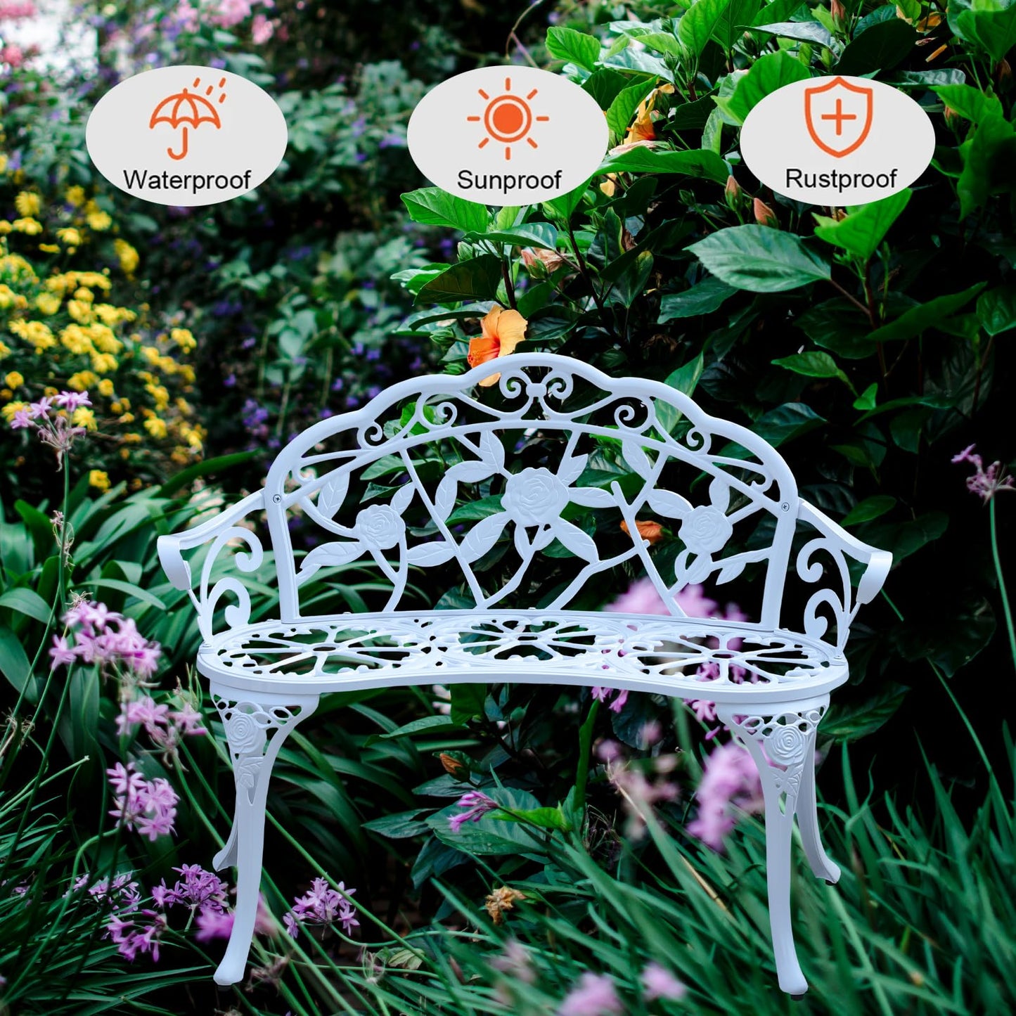 WILOUNGE Cast Aluminium Outdoor Bench, Rose Garden Bench for Patio,Park,Lawn,Yard (White)