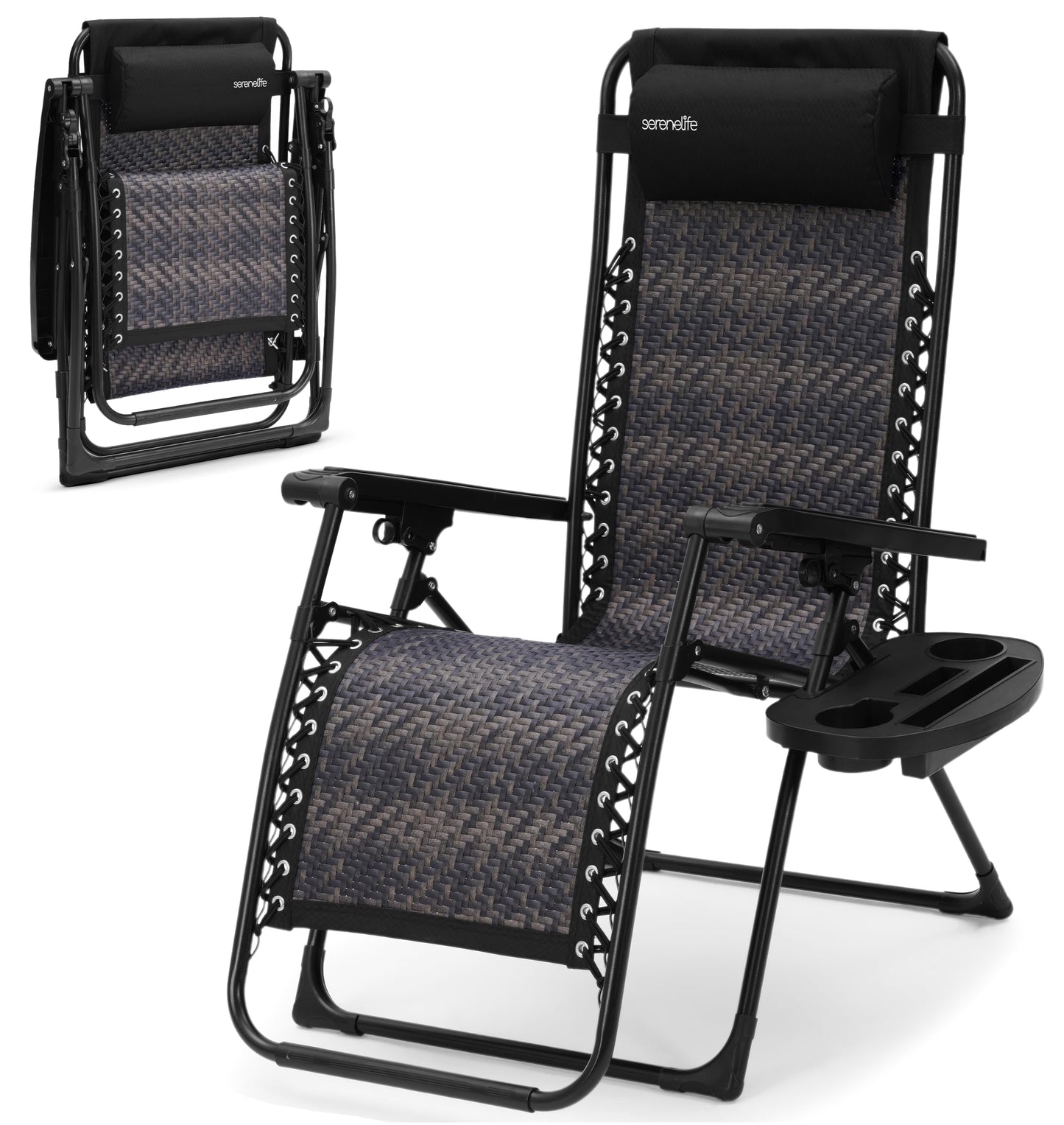 SereneLife Outdoor Adjustable Foldable Zero Gravity Lawn Chair – Weather-Resistant Rattan Recliner with Lockable Position, Detachable Side Table & Cup Holder, 265 lbs Capacity, Patio & Camping